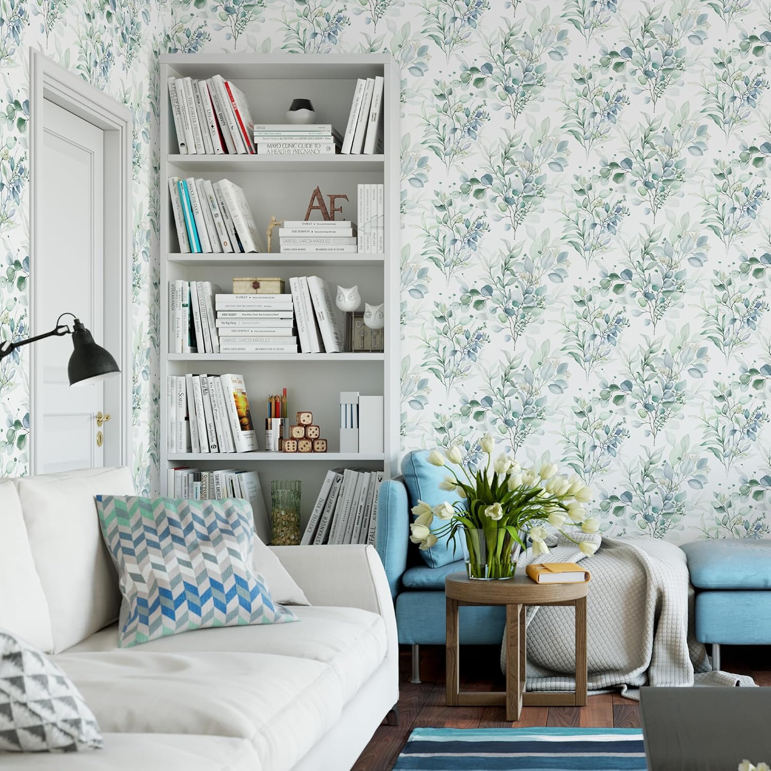Boho Green Eucalyptus Leaf Peel and Stick Floral Wallpaper Removable Waterproof Contact Renter Friendly Wall Paper for Desk, Kitchen Cabinets, Bathroom, Bedroom Decor 17.3" x 79" TH8095-2