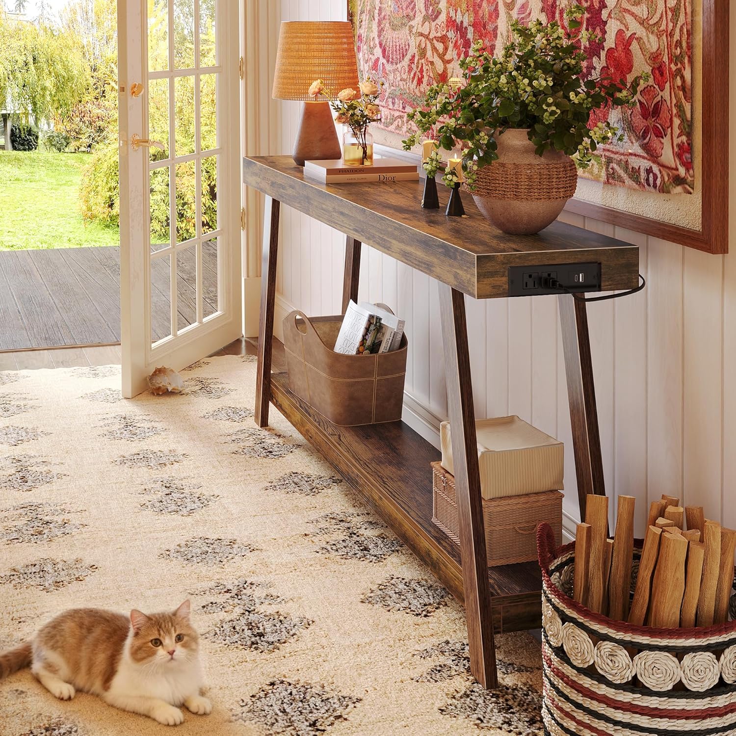 Huuger Console Table with Charging Station, USB-C Port, 2 Tiers Entryway Table, 53.9 Inch Sofa Table with Metal Legs, Entry Hallway Table with Thicker Desktop, Modern Behind Couch Table, Rustic Brown 11.8"D×53.9"W×31.5H" Rustic Brown