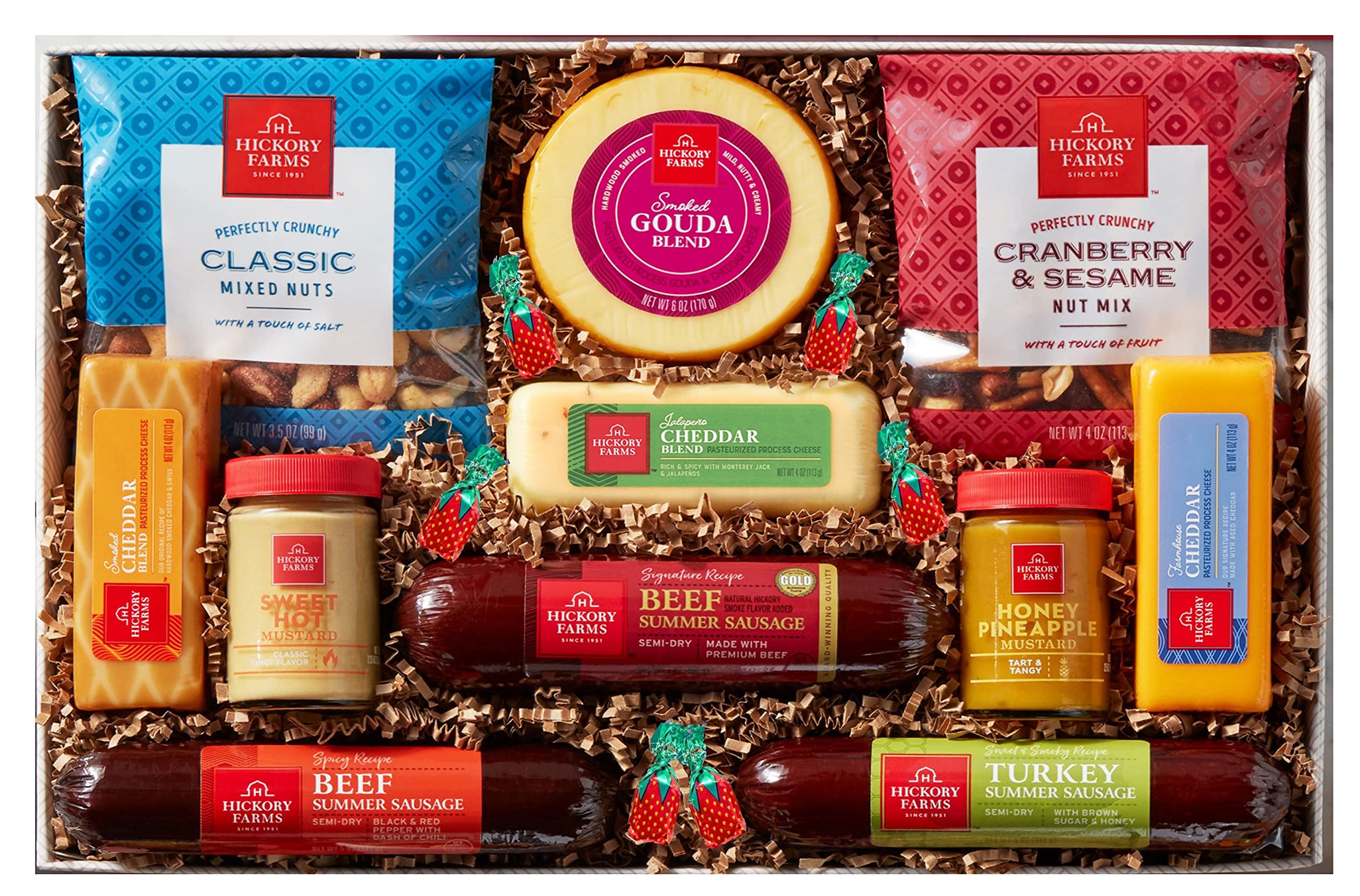 Hickory FarmsSignature Party Planner Set now in GiveBack Gift Box, with 8 Added Strawberry Bon Bons by LivPrime, 2.95 Pounds of Gourmet Summer Sausage and Cheese, Savory Mustard and Nut Mixes