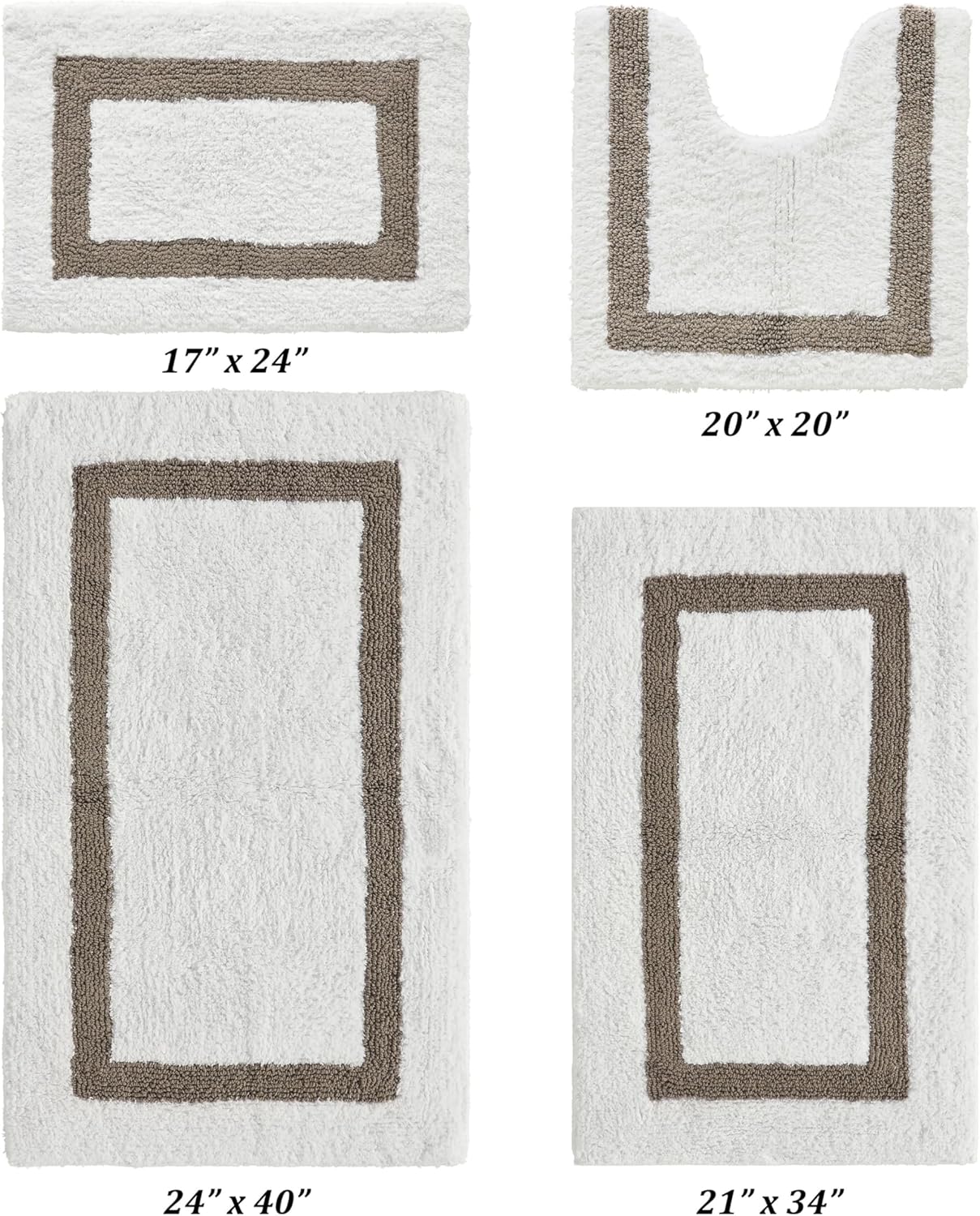 Better Trends 4 Piece Bathroom Rug Set 100% Cotton - Reversible, Soft, Absorbent, and Machine Washable Bath Rugs for Bathroom Floor, Tub, Shower White & Beige Hotel Collection