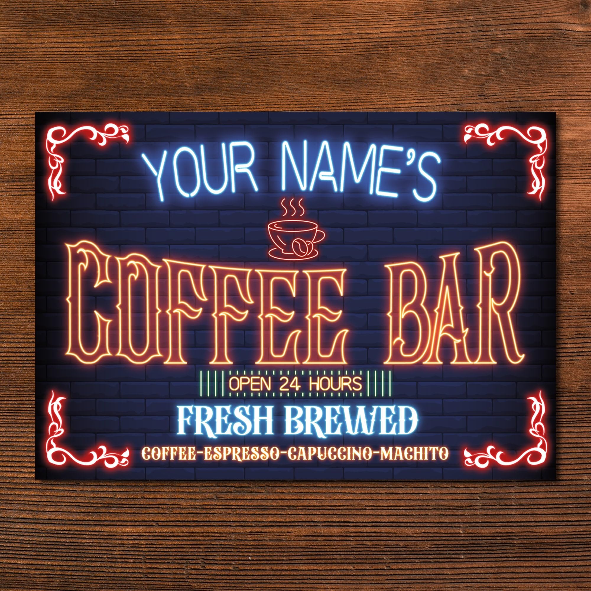 My Pixel Print Metal Personalised Coffee Bar Neon Effect Sign Cafe Kitchen Wall Decor Plaque