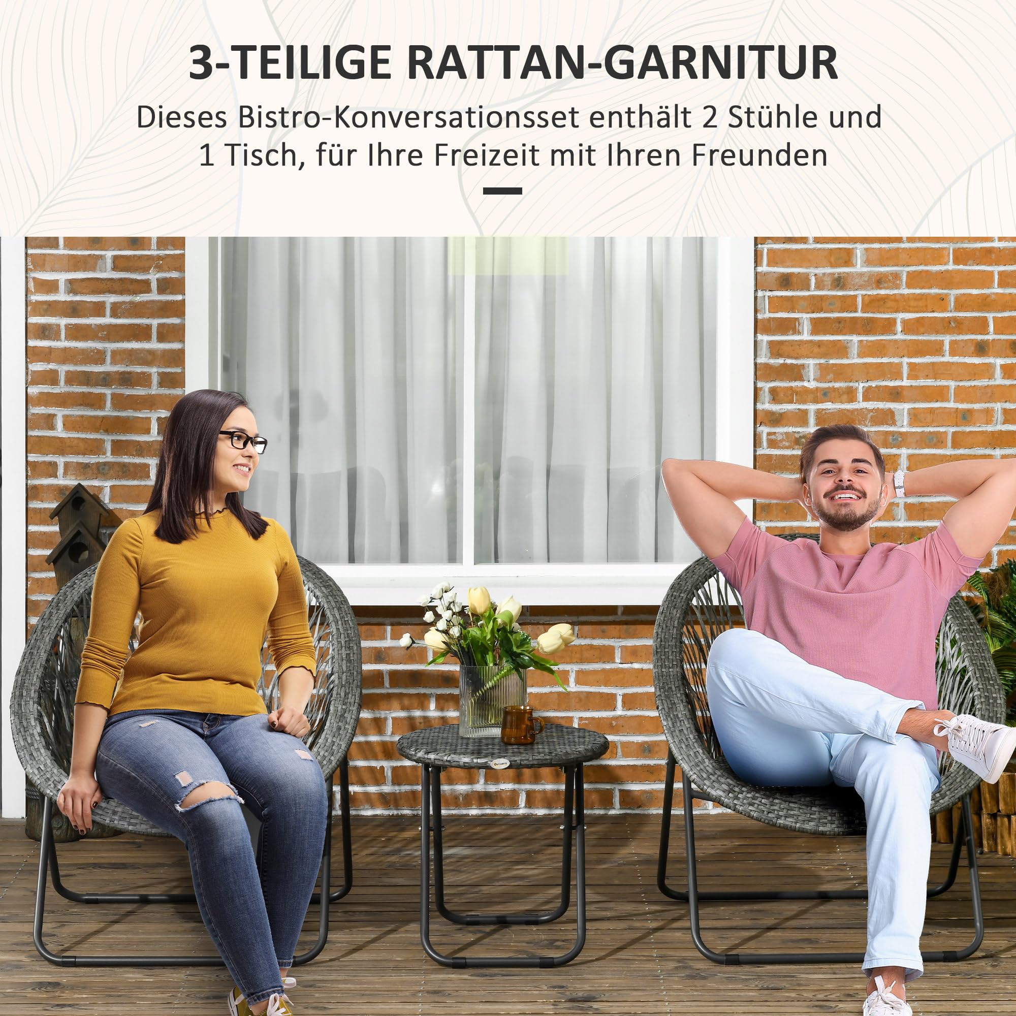 Outsunny Polyrattan Gartenmöbel Set, klappbar Outdoor Sitzgruppe für 2 Personen, 3-teilig Balkonmöbel mit 2 Stühle, Tisch, wetterfest Balkonmöbel für Garten, Balkon, Grau