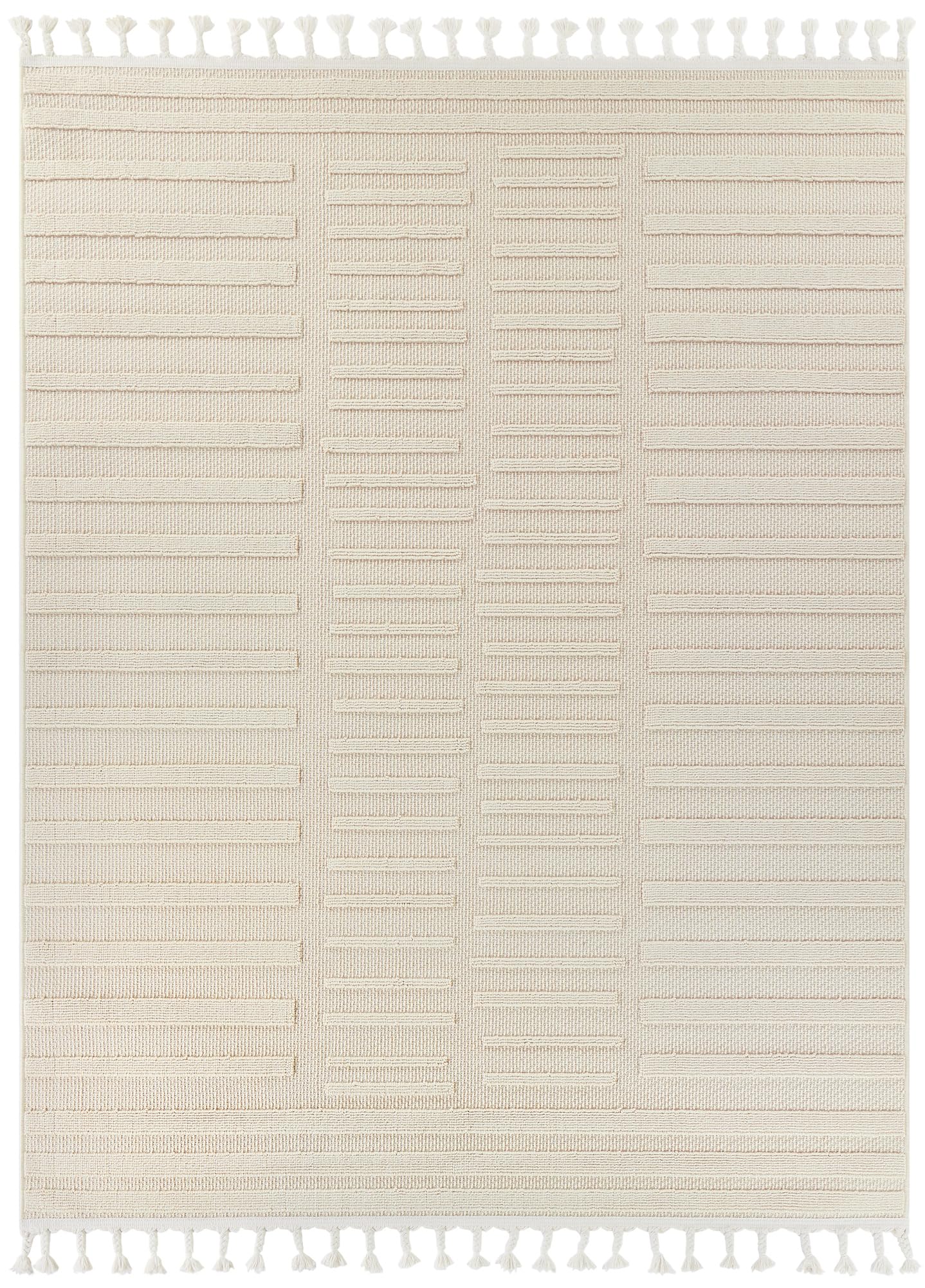 TAPISO Rio Loop Tapis Extérieur Intérieur à Franges Terrasse Balcon Jardin d'hiver Salon Cuisine Moderne Crème Rayé Aspect 3D Résistant aux Intempéries Oeko-TEX 200 x 300 cm