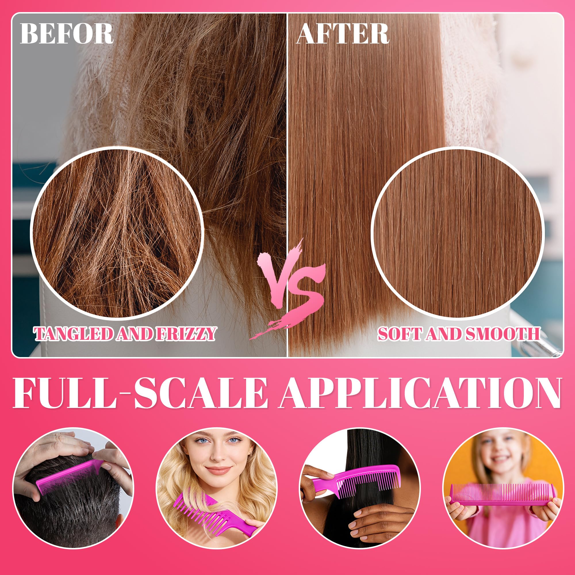 Salonsilk Lot de 6 peignes professionnels à dents larges et queue de rat pour homme et femme - Cheveux noirs naturels