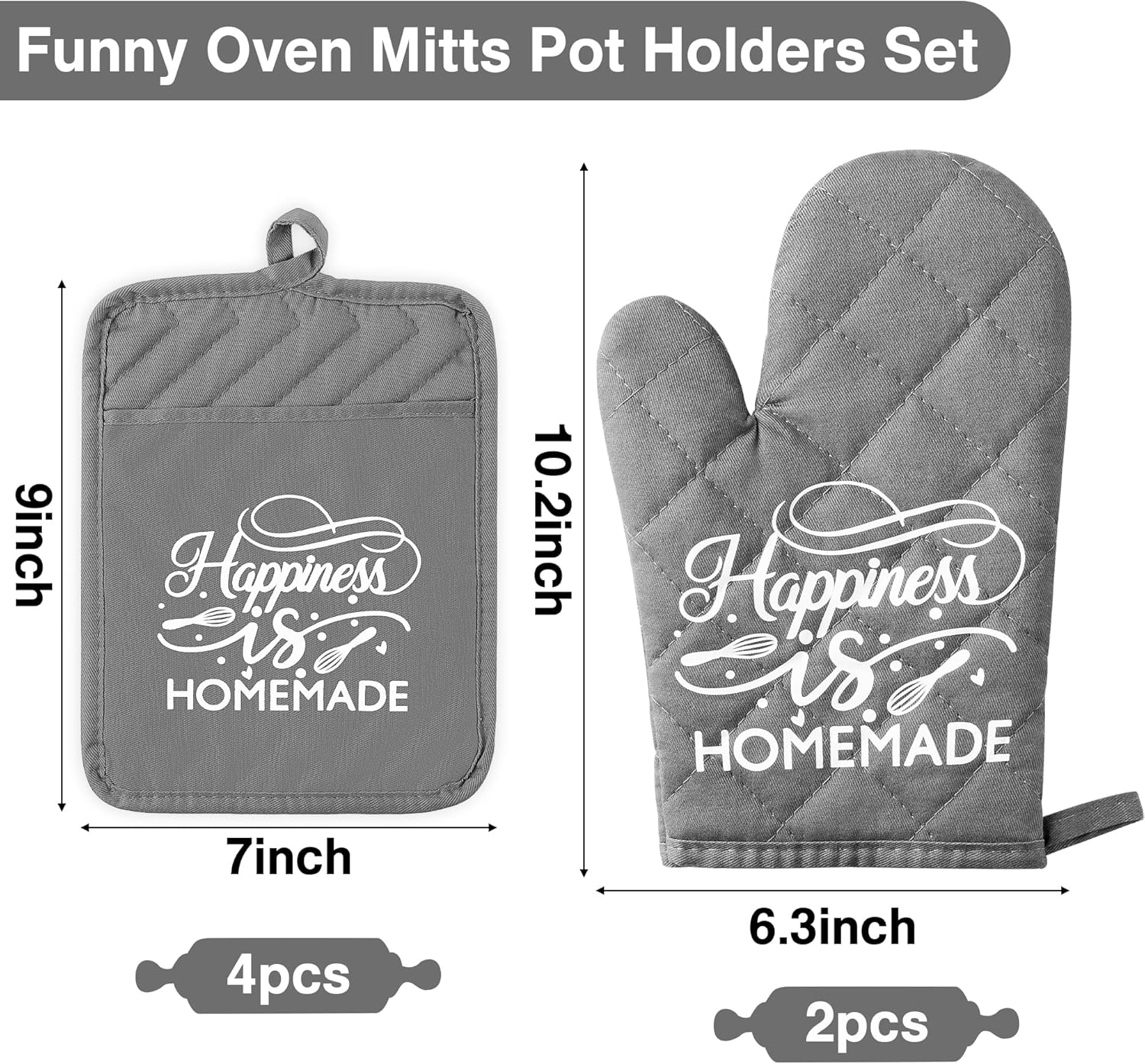 GROBRO7 6Pcs Cotton Oven Mitts and Pot Holders Set Happiness is Homemade Heat Resistant Hot Pad Machine Washable Microwave Gloves with Hanging Loop Pocket Potholder for Kitchen Baking Cooking Grilling - Image 2