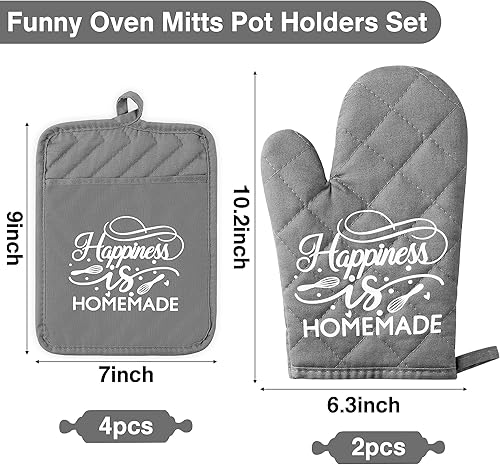 Miniatura 2 de GROBRO7 Juego de 6 manoplas de horno de algodón y soportes para ollas Happiness is caseros resistentes al calor, lavables a máquina, guantes de