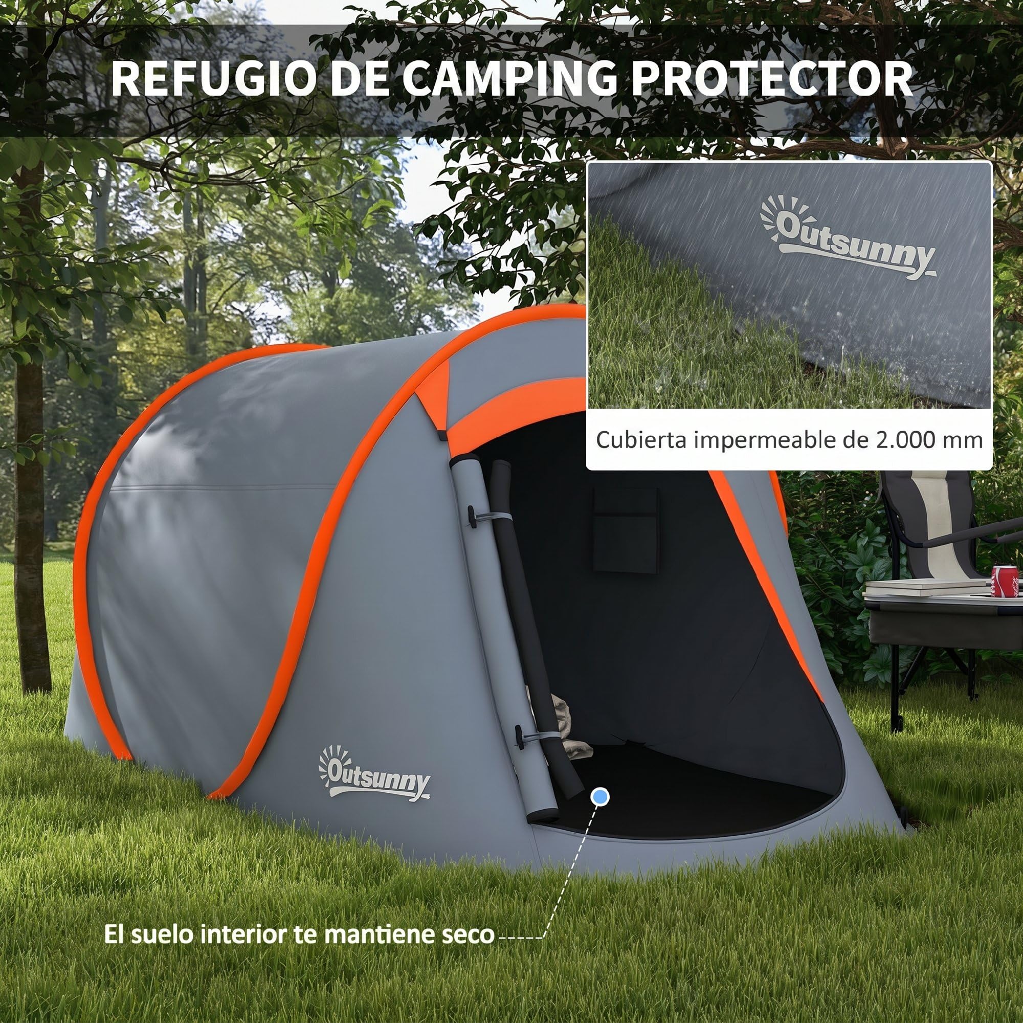 Outsunny Tienda de Campaña Pop-Up para 2-3 Personas Tienda de Camping Plegable Portátil Impermeable con Ventana Puerta y Bolsa de Transporte para Pescar Senderismo 245x148x105 cm Gris