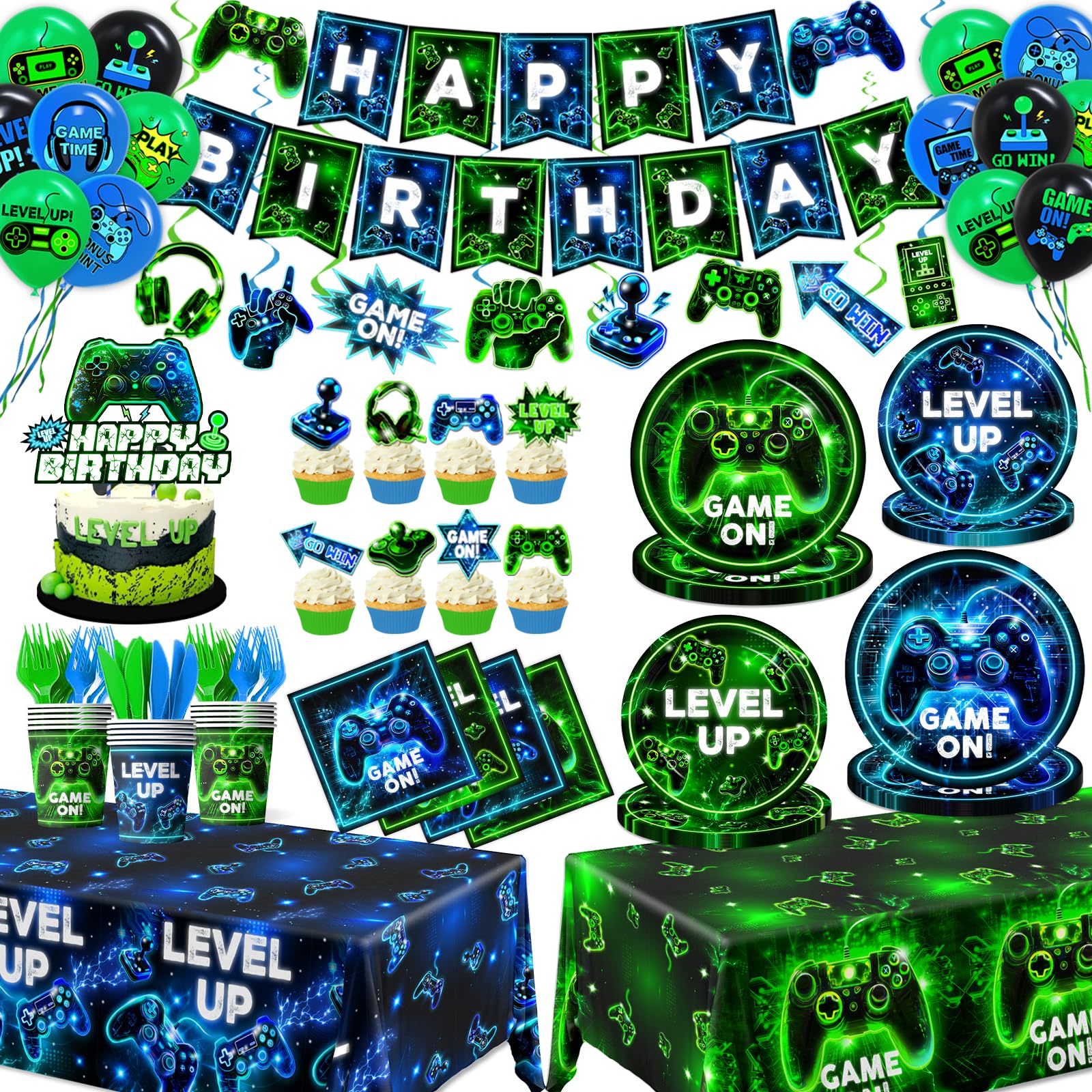 Video Game Birthday Party Decoration - Neon Game Party Tableware Include Plate Napkin Banner Tablecloth Game Level Up Theme Decorations for Boy Gamer Birthday Decor Serves 24