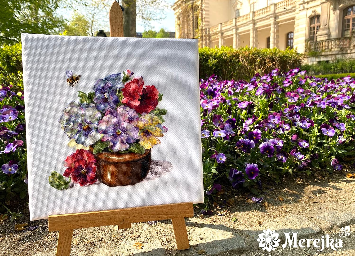Merejka Counted Cross Stitch Kit Spring Pansies K-215 | Zweigart Aida 16 White Fabric | 40 DMC Thread Colors | 7×6.7 in (18×17 cm)