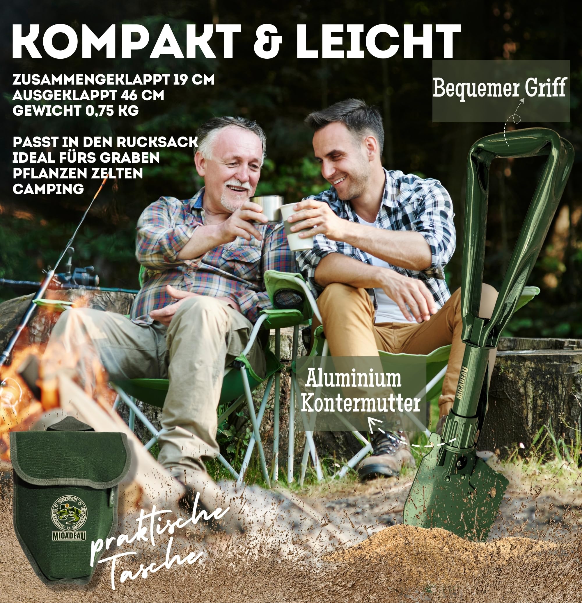 Pala plegable de camping, regalo para hombres para cumpleaños, pala de jardín, pala de acero al carbono resistente, regalo para papá para el día del padre, regalo del día del padre (oliva-46)