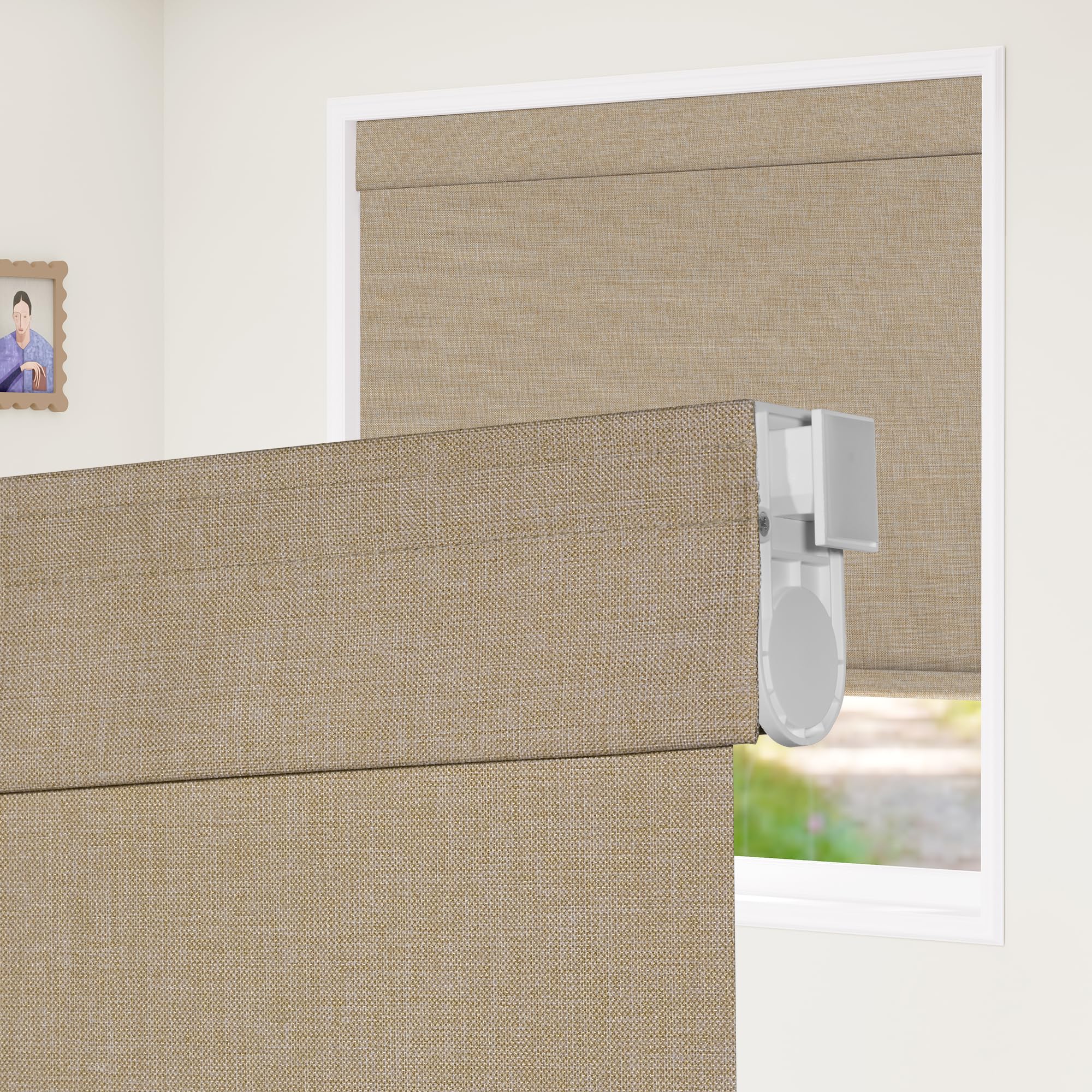 No Drill No Tools Roller Shades for Windows, Blackout Linen Fabric, Cordless Roller Blinds, Thermal Insulated UV Protection Window Shades for Home,Bedroom,Office, Blackout-Beige