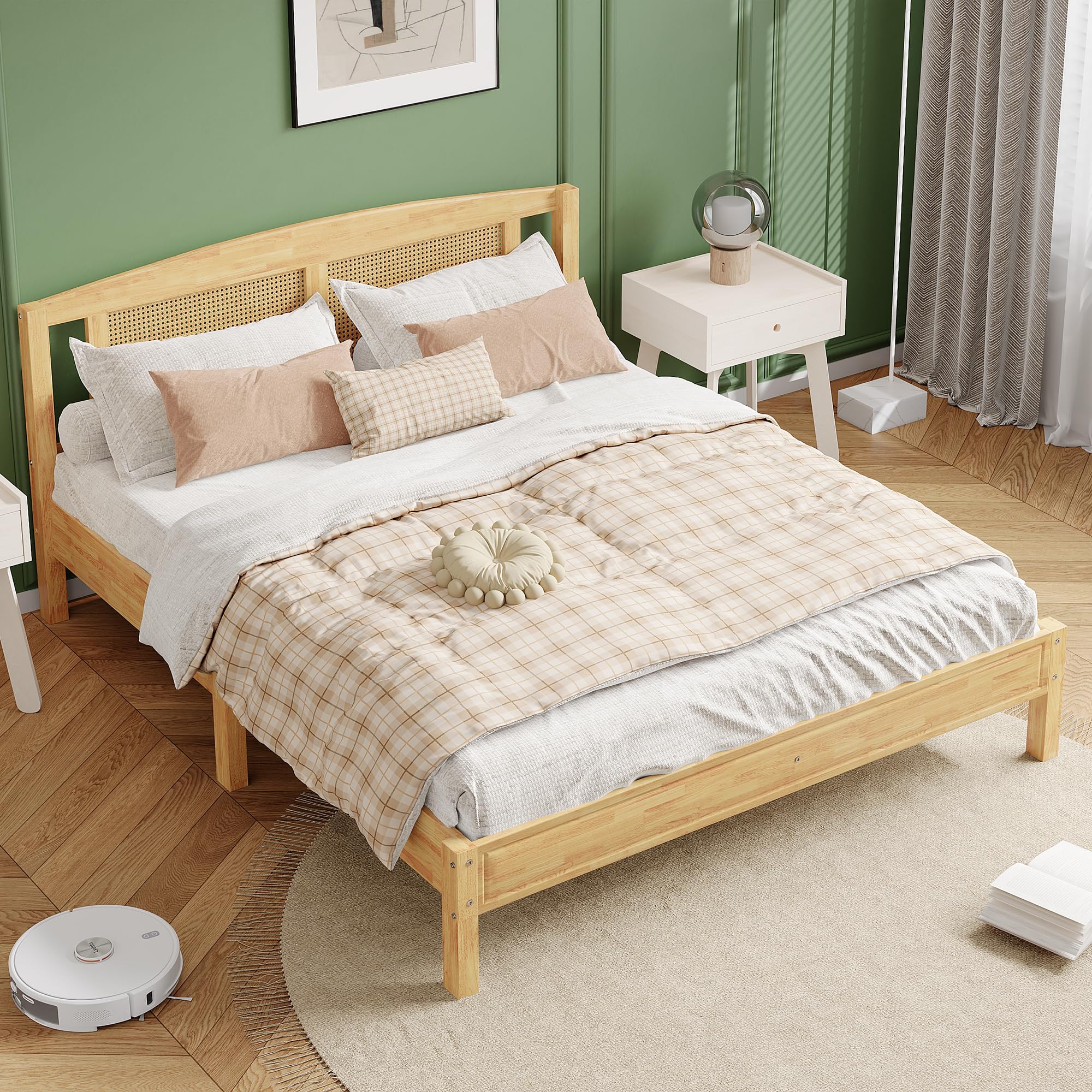 Soweiz Letto matrimoniale, in rattan, per adulti, 160 x 200 cm, con 15 doghe e piedi centrali, pino + rattan sintetico, colore: naturale