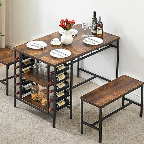 Miniatura 9 de IDEALHOUSE Juego de mesa de comedor para 4, juego de mesa de cocina para 4 con 2 bancos, juego de mesa de comedor rectangular con estante para vino,
