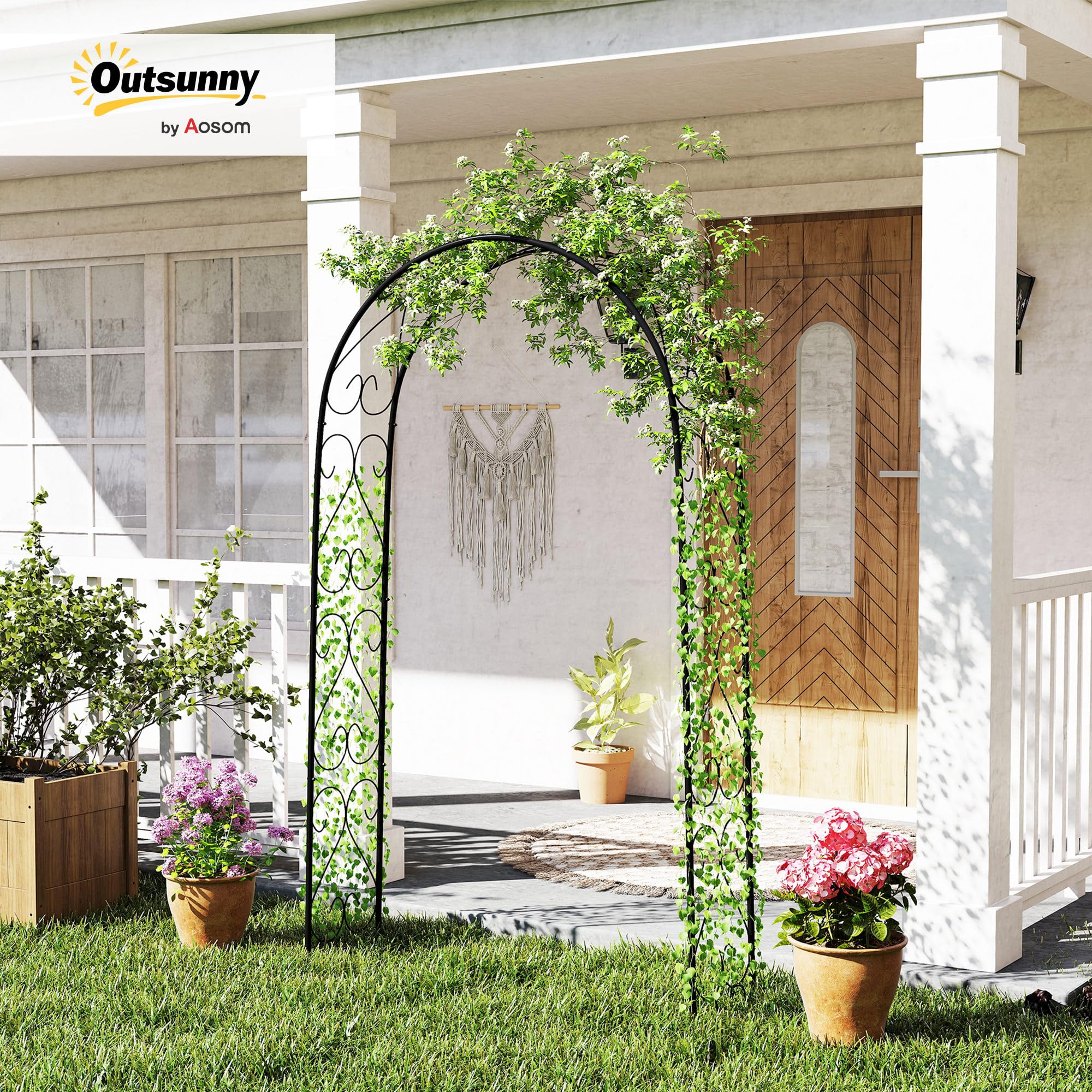 Outsunny Rosenbogen, Torbogen aus Stahl, Gartenbogen für Kletterpflanzen, 125 x 37 x 230 cm Rankhilfe, Gartendekoration, Schwarz