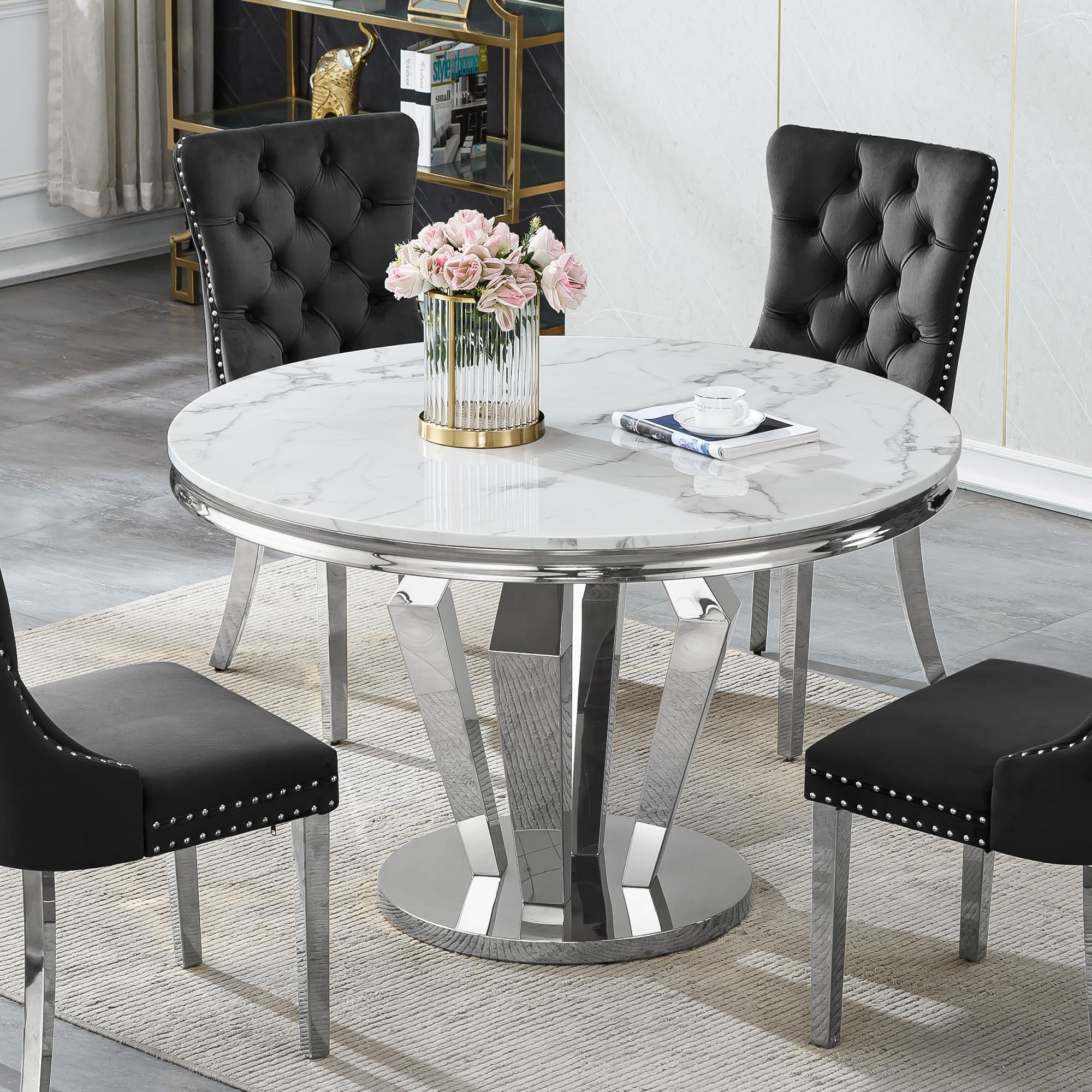 Round Marble Dining Table for 4 6，Modern 45" White Silver Kitchen Table with Faux Marble Top & Diamond Design Pedestal Base, American-Style Round