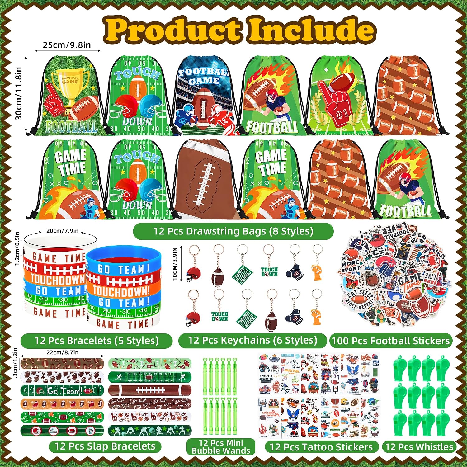 184 Pcs Football Party Favor Football Goodie Bag Stuffers Includes Drawstring Bags Wristband Slap Bracelet Keychain Whistle Tattoo Stickers Bubbles for Team Gift Football Birthday Party Supplies