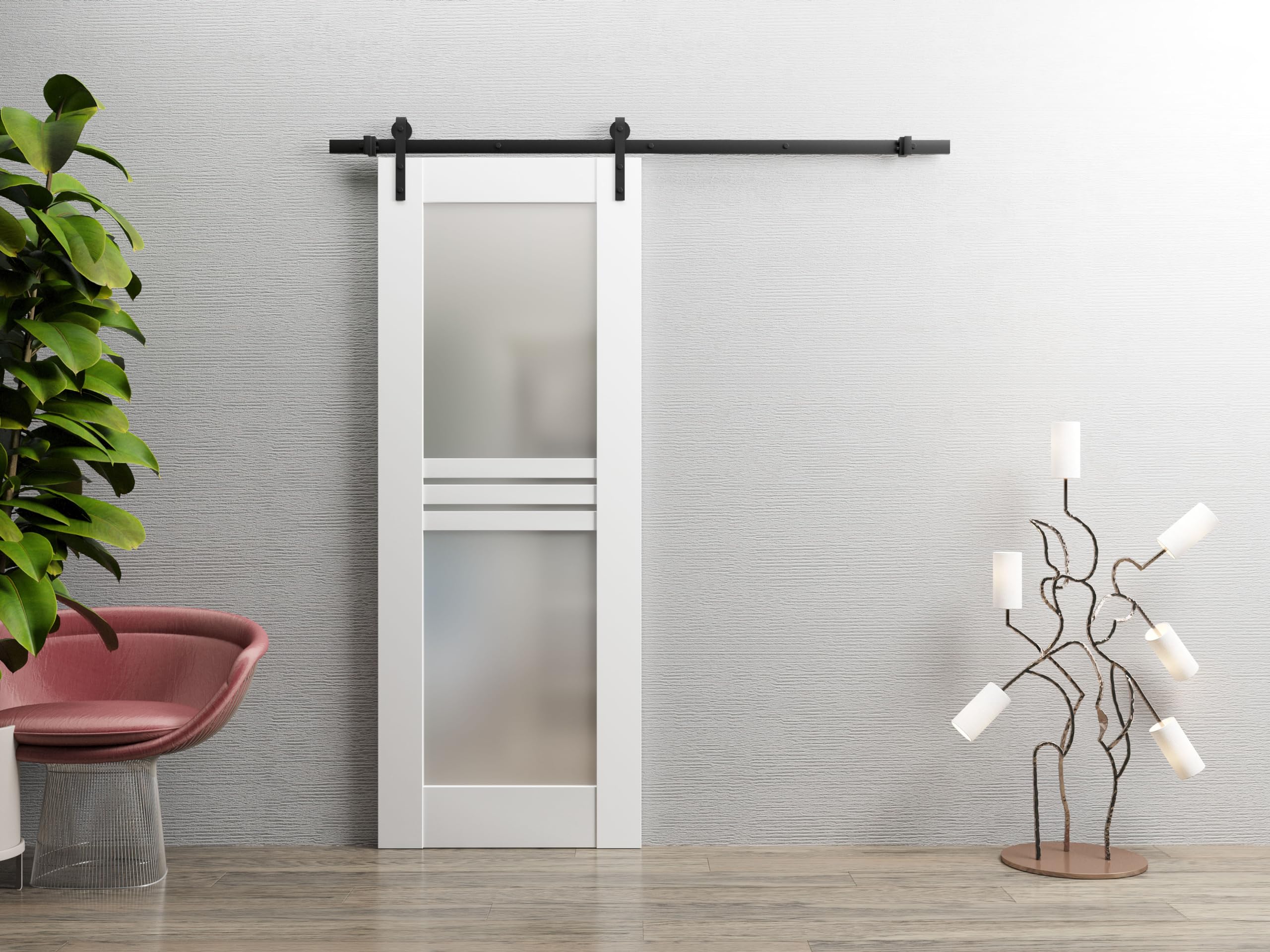 VDOMDOORS Modern Barn Door 36 x 96 inches Opaque Glass 4 Lites/Mela 7222 White Silk / 6.6 feet Rail Track Heavy Hardware Set/Solid Panel Interior Doors