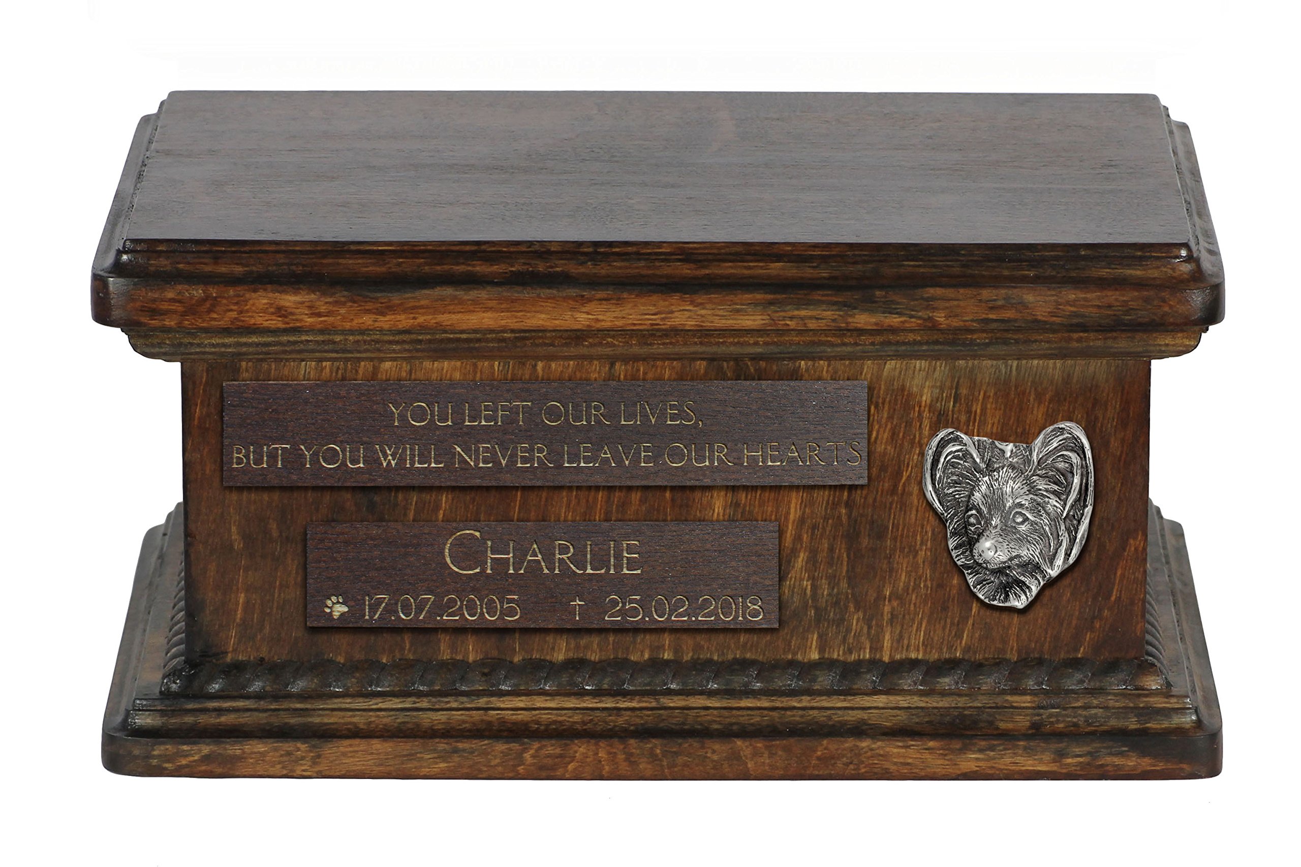 Urne pour cendres de chien Papillon avec portrait bronze, mémorial personnalisé fait main