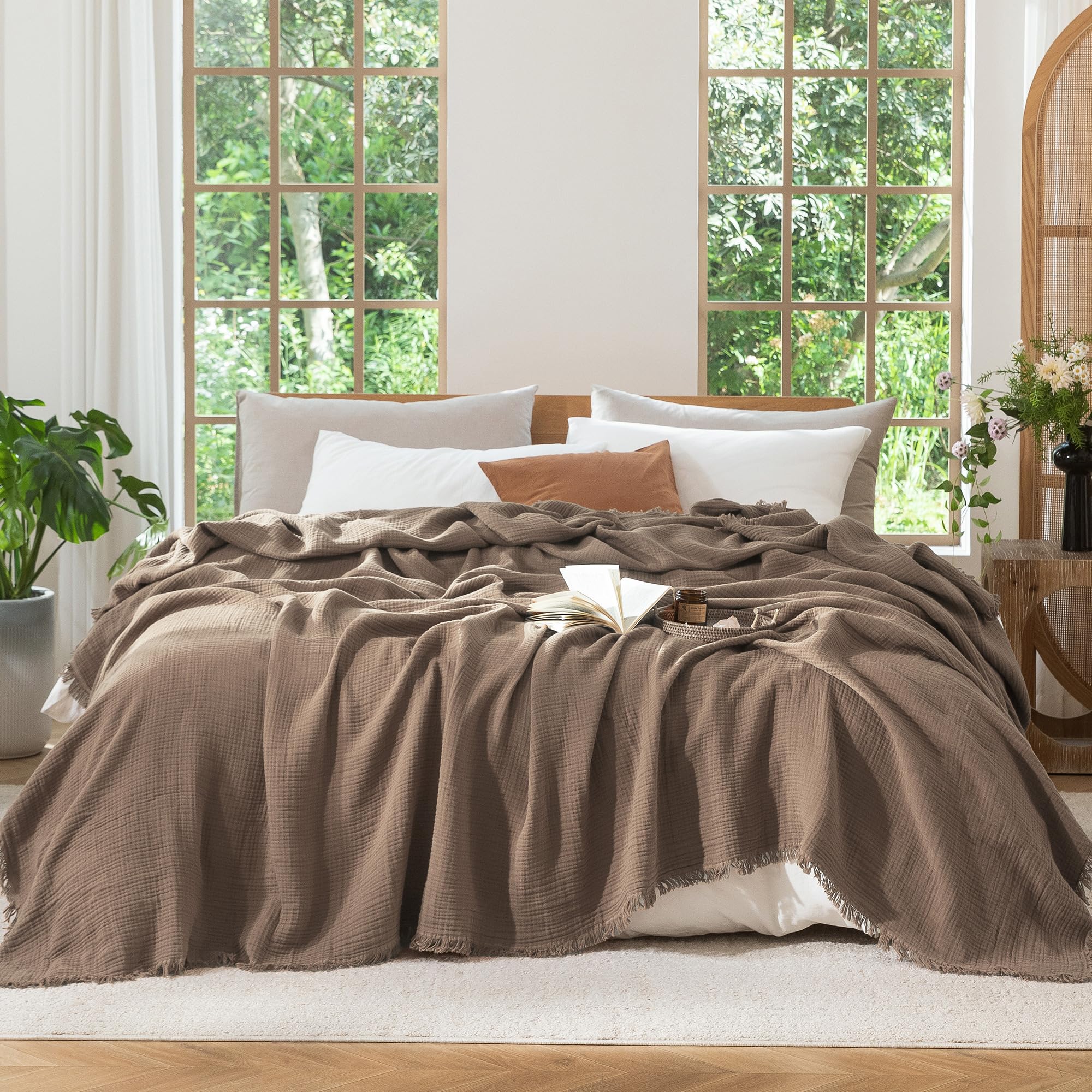 Photo 1 of MooMee Muslin Blanket - 100% Cotton 4-Layer Gauze Throw Blanket with All-Around Fringe, Soft Breathable Lightweight Cooling Summer Blankets for Bed Couch(Brown,King 104" x 90")