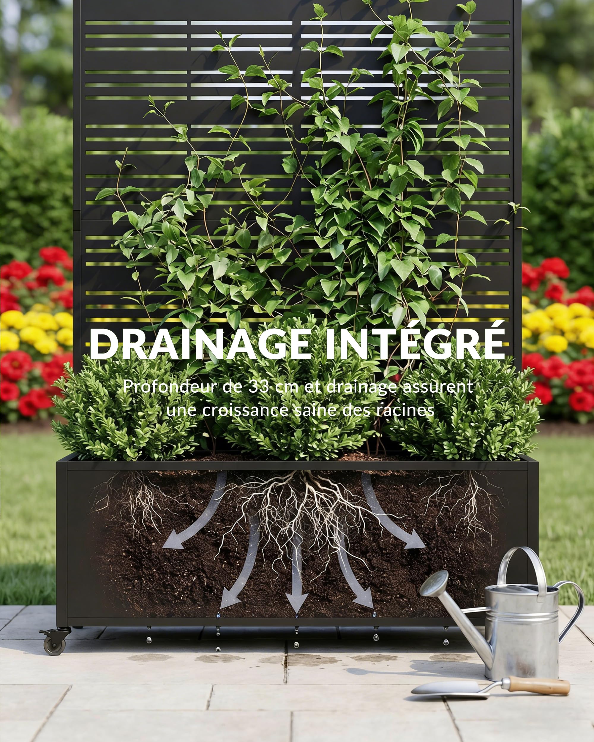 Carré Potager avec Brise-Vue, Jardinière en Métal avec Treillis et roulettes, Bac à Fleurs Autoportant 33cm de Profondeur, Résistant aux Intempéries pour Jardin, Balcon et Terrasse