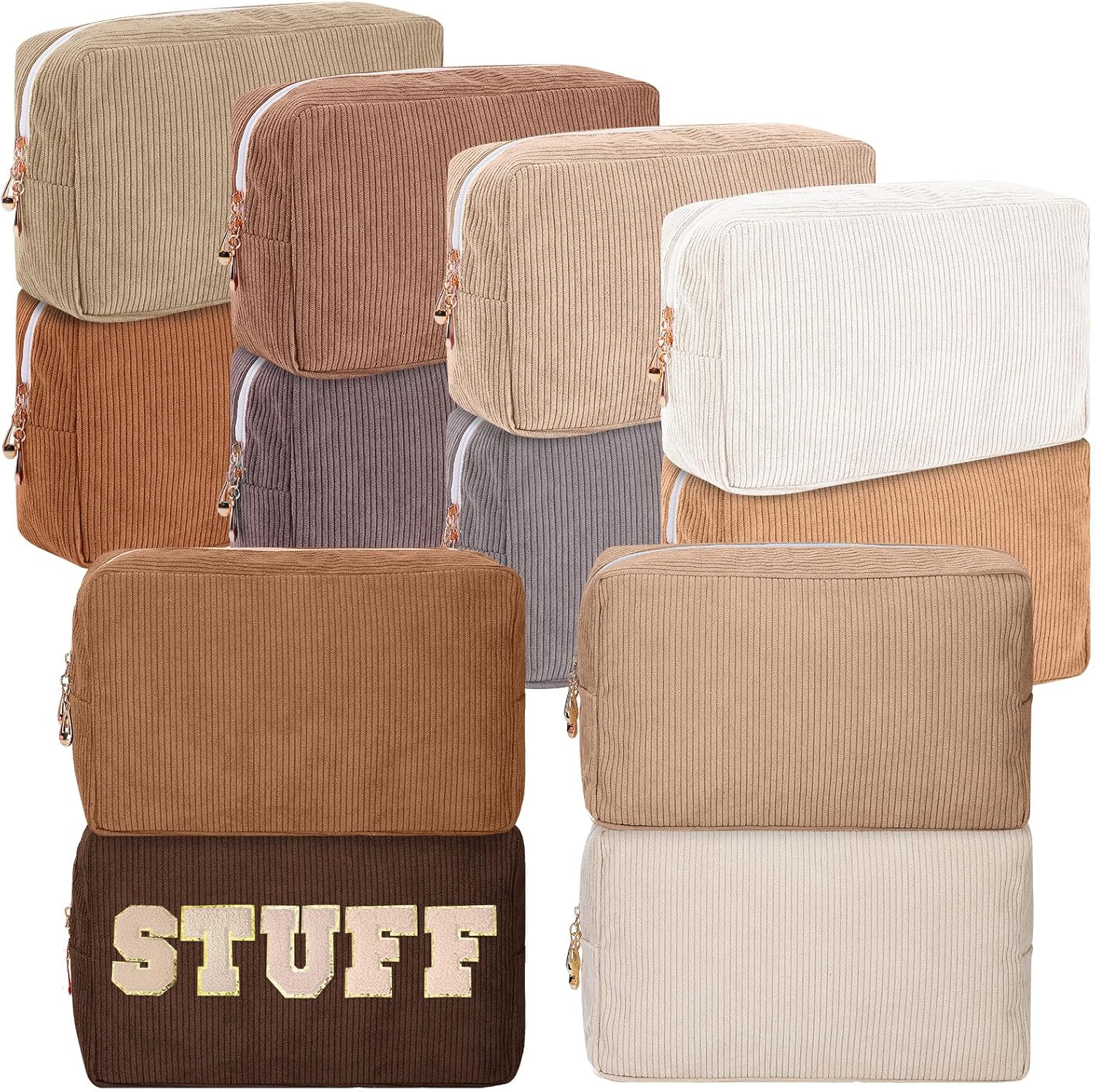 Amylove 12 Pcs Corduroy Makeup Bag Large Capacity Preppy Cosmetic Bag Bulk DIY Daily Use Plain Portable Makeup Pouch Travel Purse Organizer Storage for Women Xmas Gift(Stylish Colors)