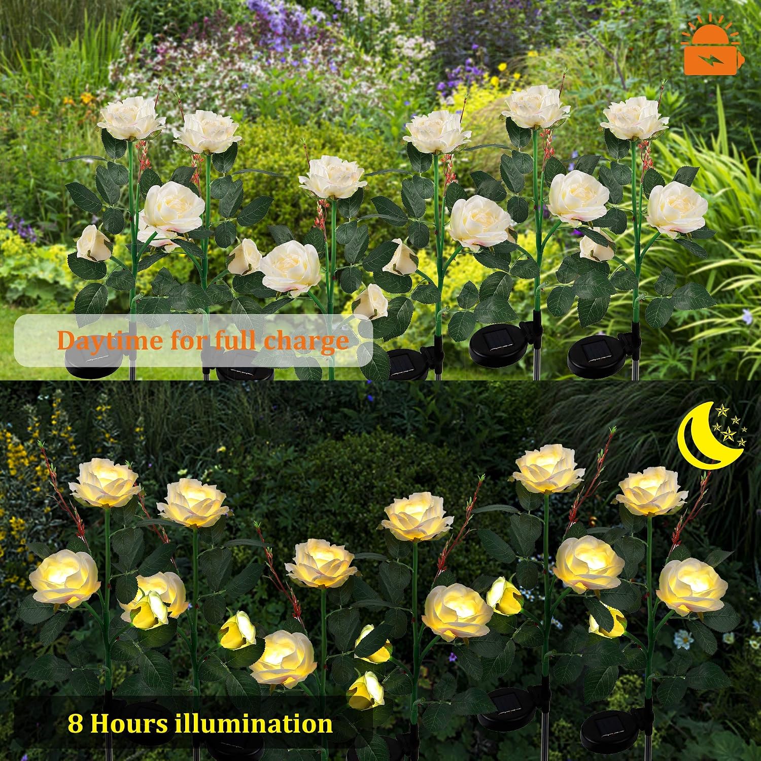 FORUP 2 Pack Solar Garden Stake Lights, Outdoor Solar Rose Flower Lights with 6 Rose Flowers, LED Rose Solar Powered Lights for Patio, Lawn, Garden, Yard Decoration (White)