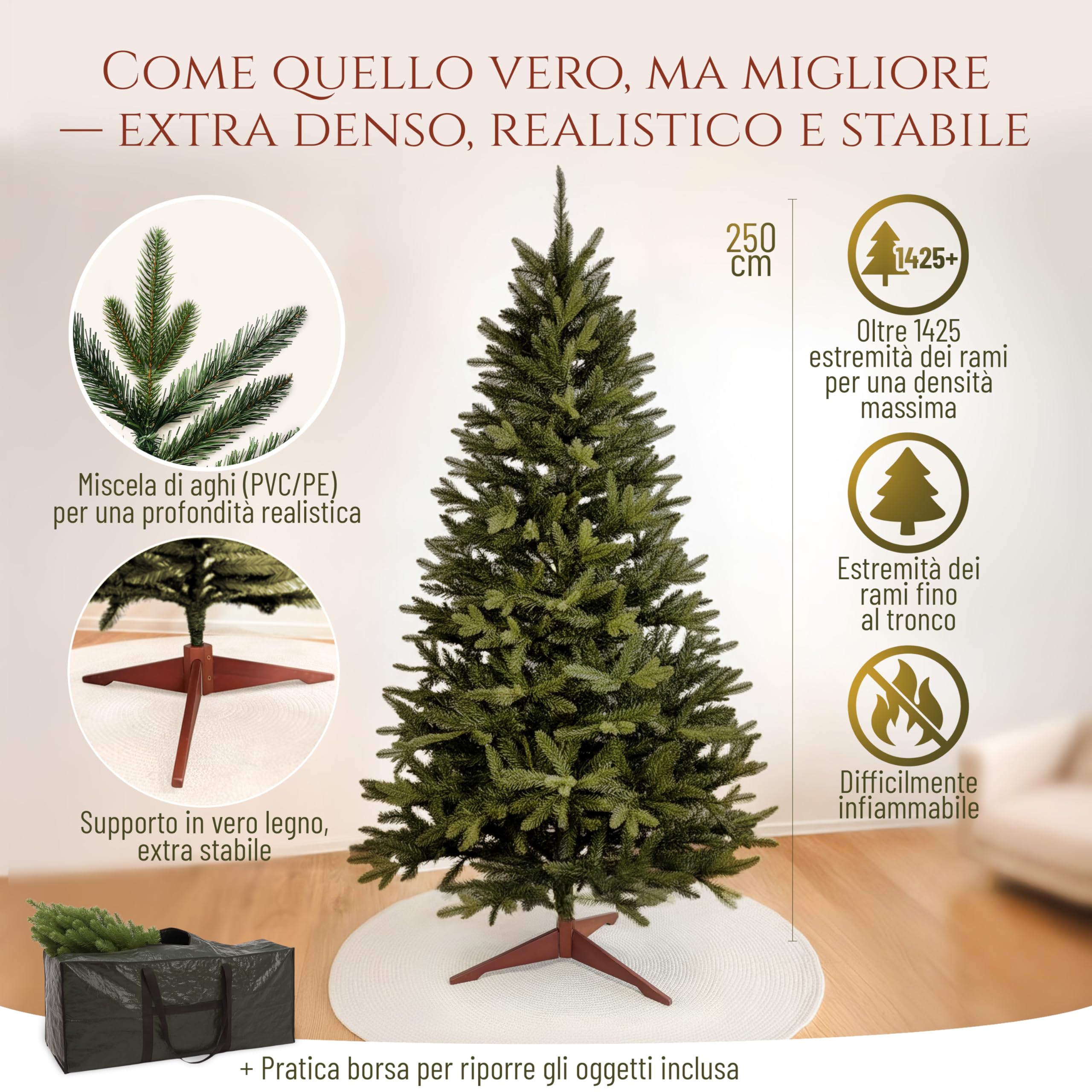 Albero di Natale Artificiale Premium 250cm – Realistico, Rami Fitti, con Base in Legno e Borsa per Riporre – Albero di Natale di Pure Living