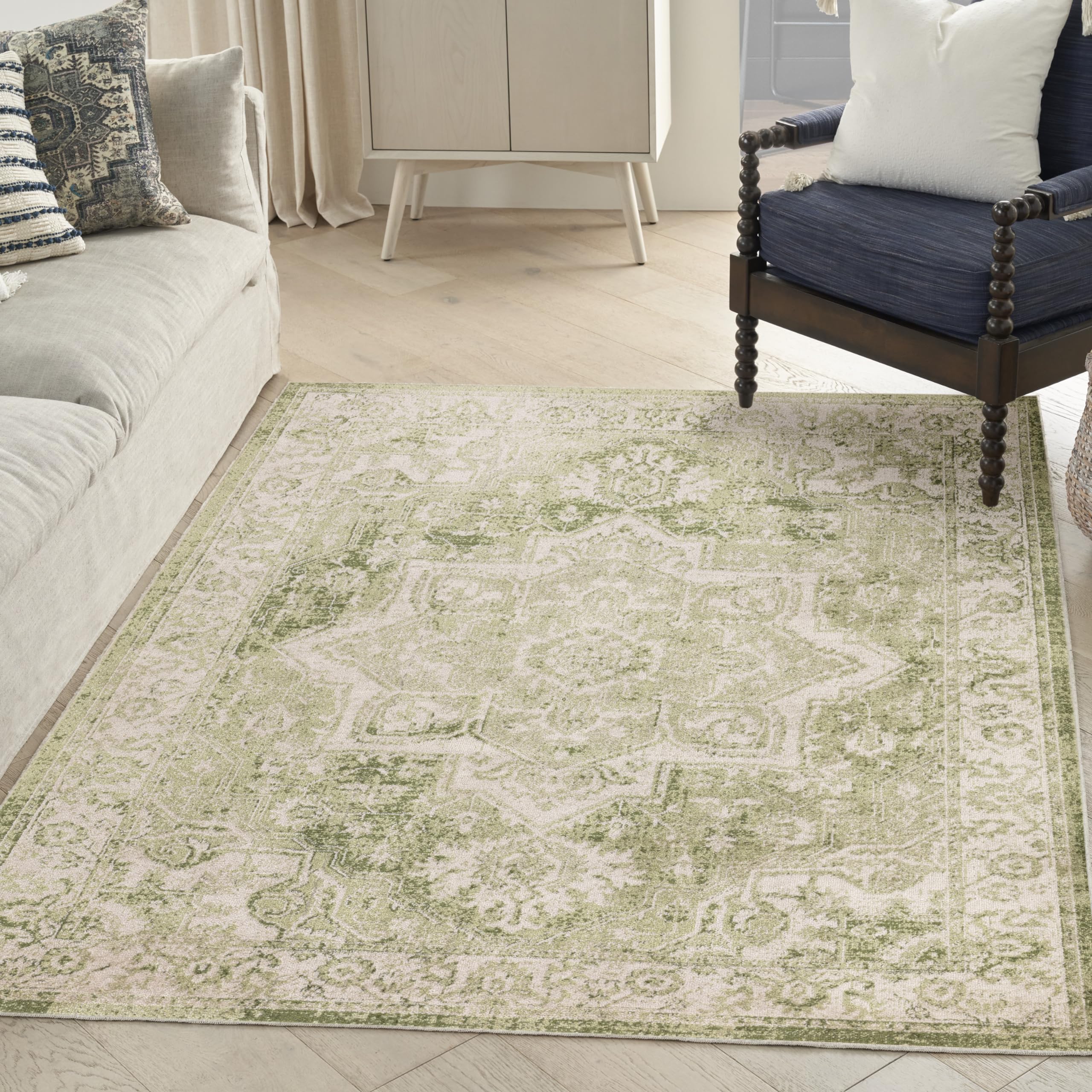 Nourison Home Astra Machine Washable Ivory Green 5'3" x 7' Area Rug - Easy Clean, Non Shedding, Bed Room, Living Room, Dining Room, Kitchen (5' x 7')