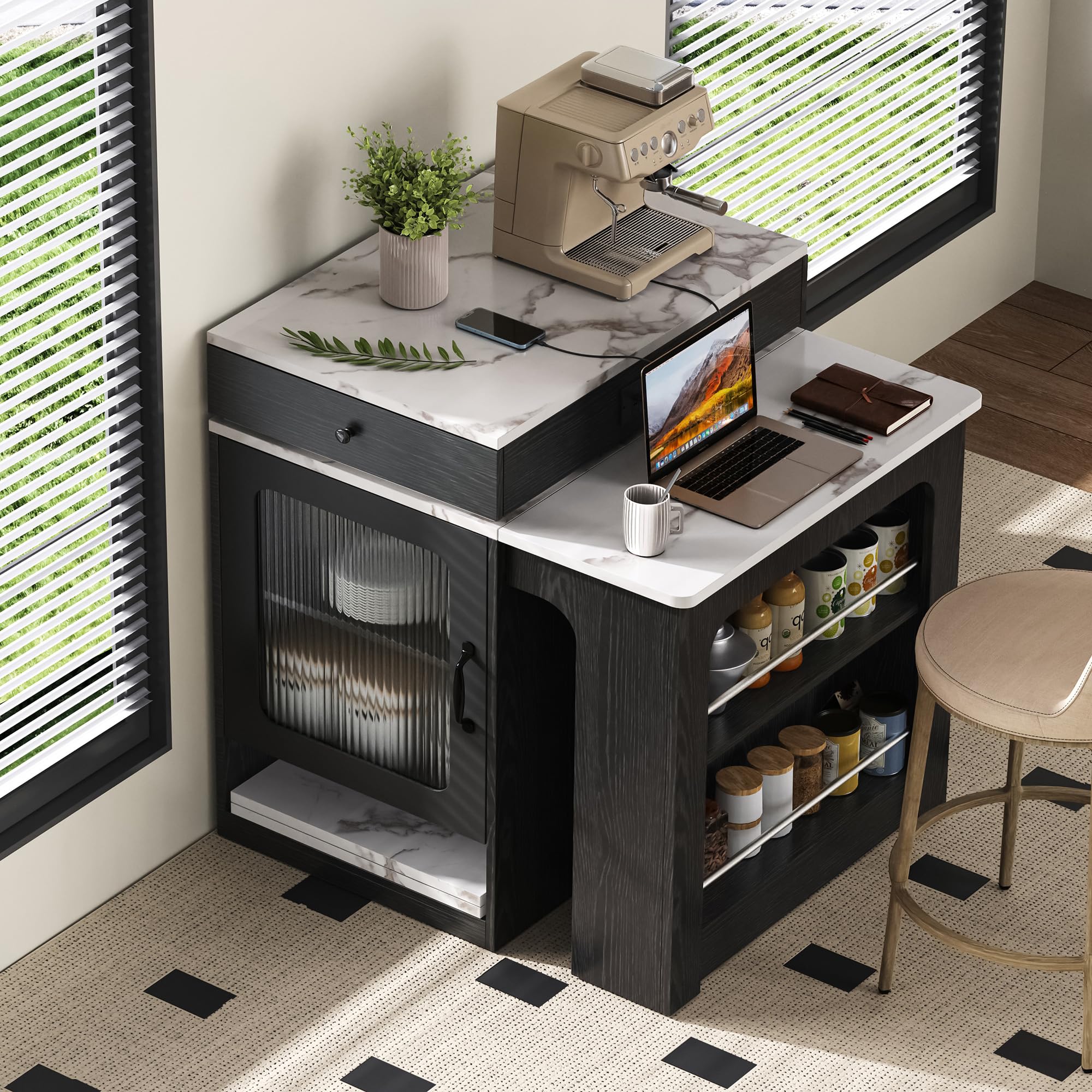 Isola da cucina con ruote, Tavolo da pranzo allungabile con piano smontabile, tavolo bar con prese elettriche, serve come isola da cucina, credenza, credenza o tavolo bar per cucina e sala da pranzo
