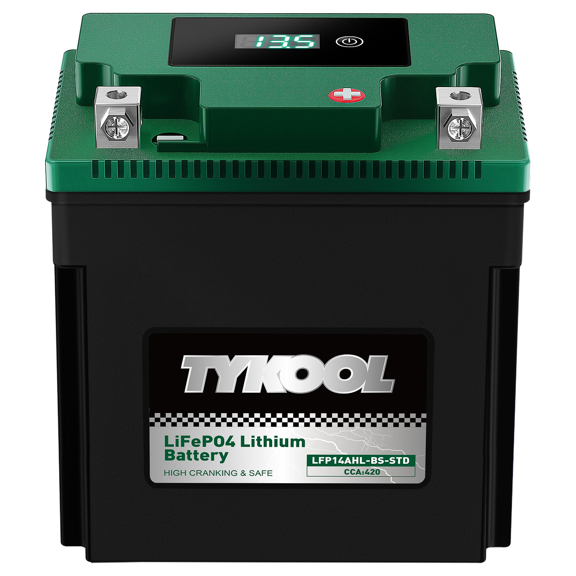 TYKOOL LFP14AHL-BS-STD Lithium Battery, Replaces YTX14AHL-BS, 420CCA 7Ah Fits for Motorcycle ATV Scooter, Compatible with Kawasaki KLR650 Suzuki Boulevard S40 Royal Enfield, Digital Readout [- +]