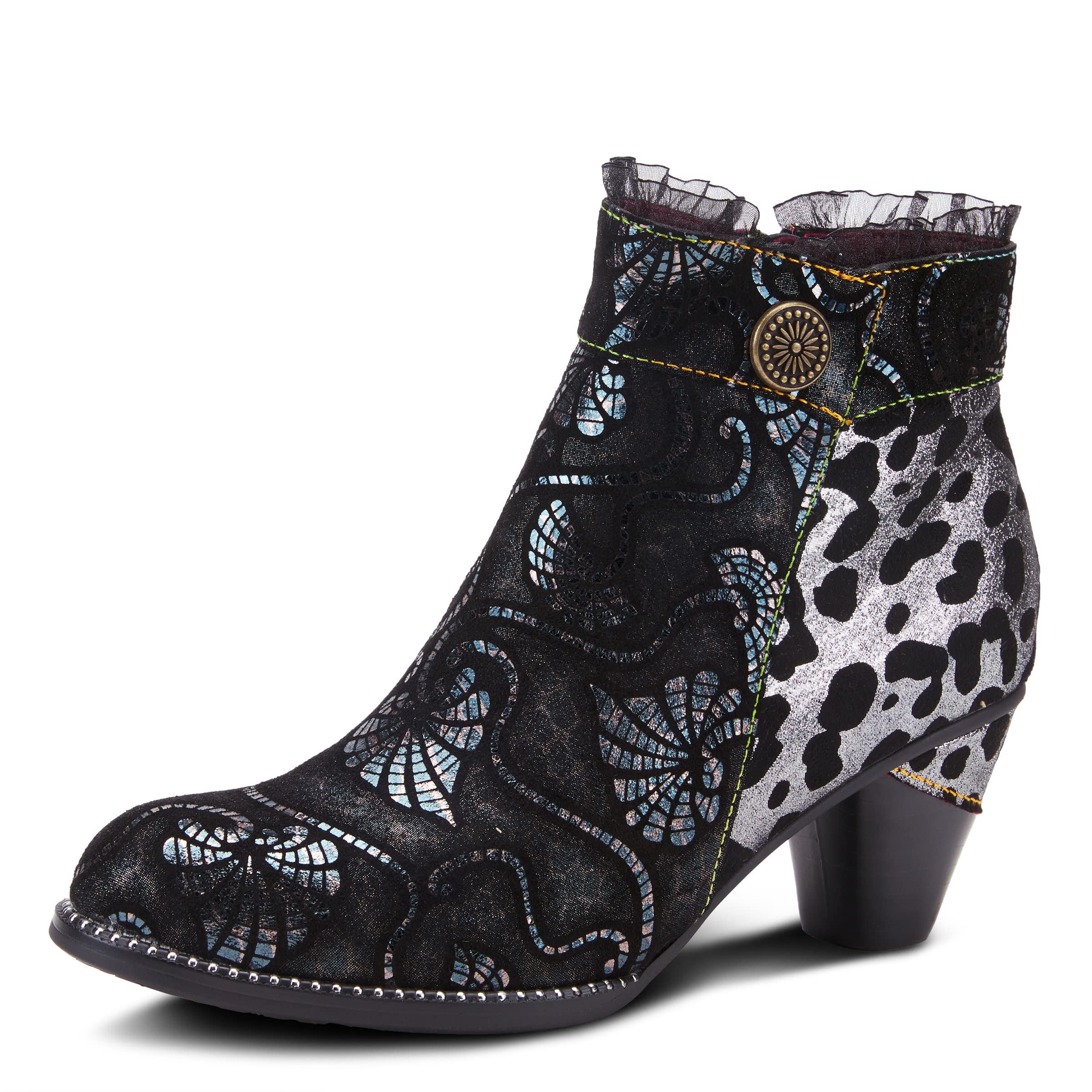 Spring Step L’Artiste Dessa Women’s Handpainted Metallic Printed Suede Bootie - Animal Print Textile, Ruffle Collar, Padded Comfort, Easy Zipper Boots