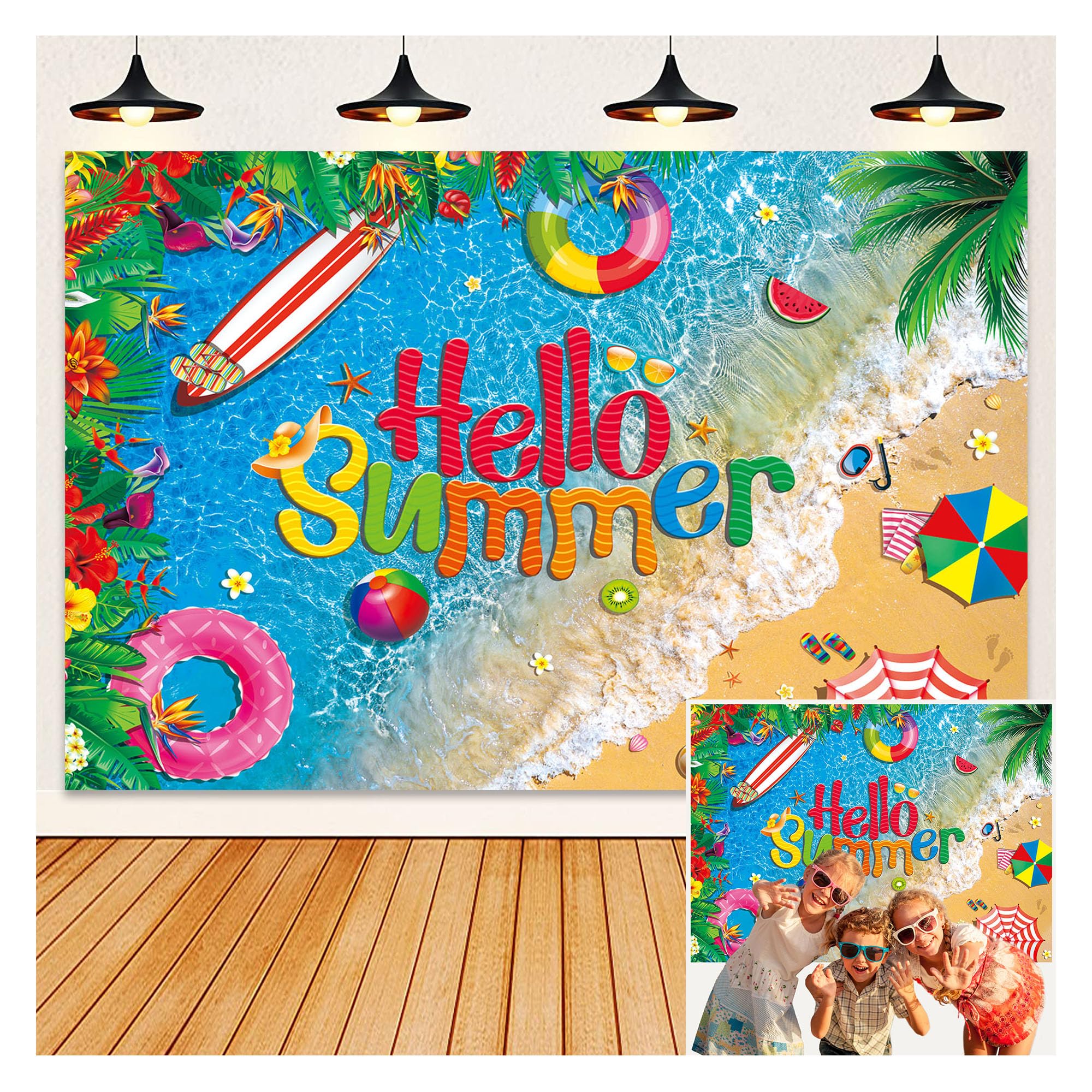 HEARKEN 7x5ft Hello Summer Beach Ocean Backdrop Tropical Sea Coastal Flower Hawaiian Palm Trees Pool Party Surfboard Swimming Background Baby Shower Summer Party Photo Banner