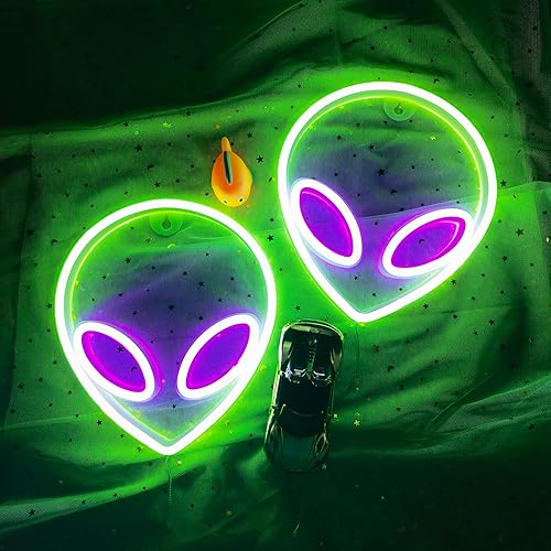 Miniatura 5 de Letrero de neón con cabeza de alienígena, 1 unidad, luz de neón de alienígena verde y morado, USB o 3 pilas AA, divertido letrero de neón iluminado