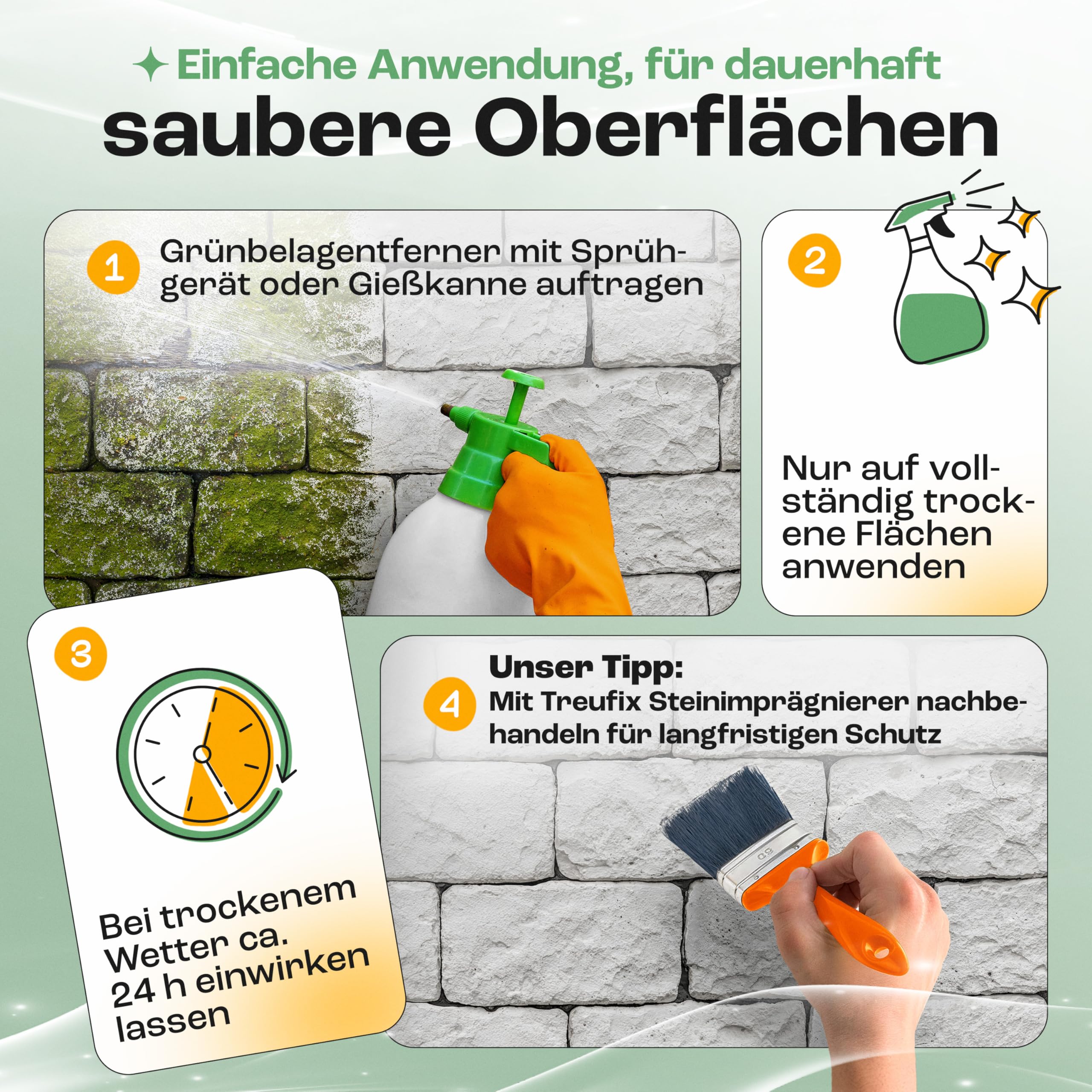 Treufix Grünbelagentferner & Moosentferner Konzentrat 5L | [Chlor- und säurefrei] Entfernung von Grünspan, Grünbelag & Moos |Steinreiniger für Pflastersteine, Terrassen - Made in DE