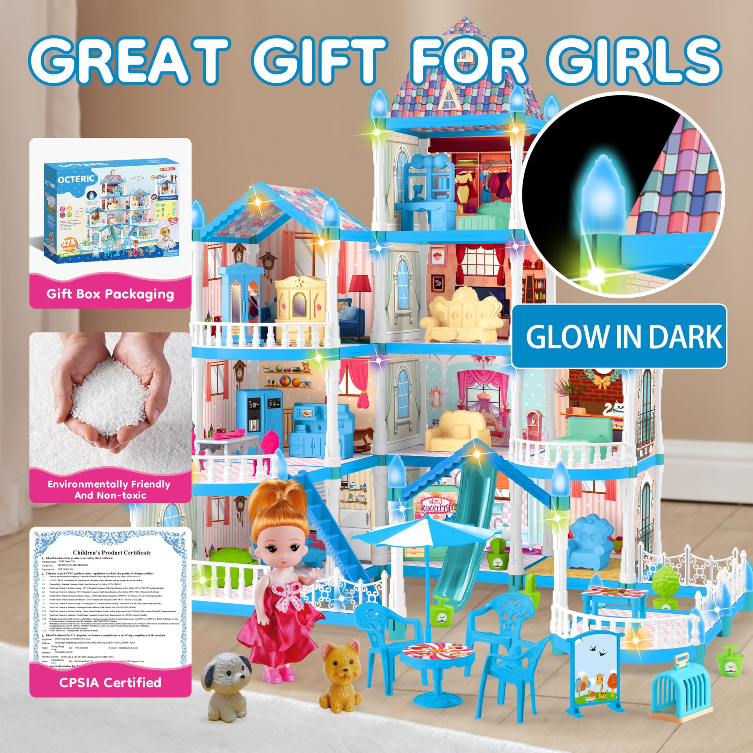 OCTERIC Doll House for Girls ,10 Rooms Blue Doll House with Dolls Figure, Puppies ,Furnitures, Accessories, LED Light, Toddler Playhouse Gift for for 3 4 5 6 7 8 9 10 Year Old Girls Toys