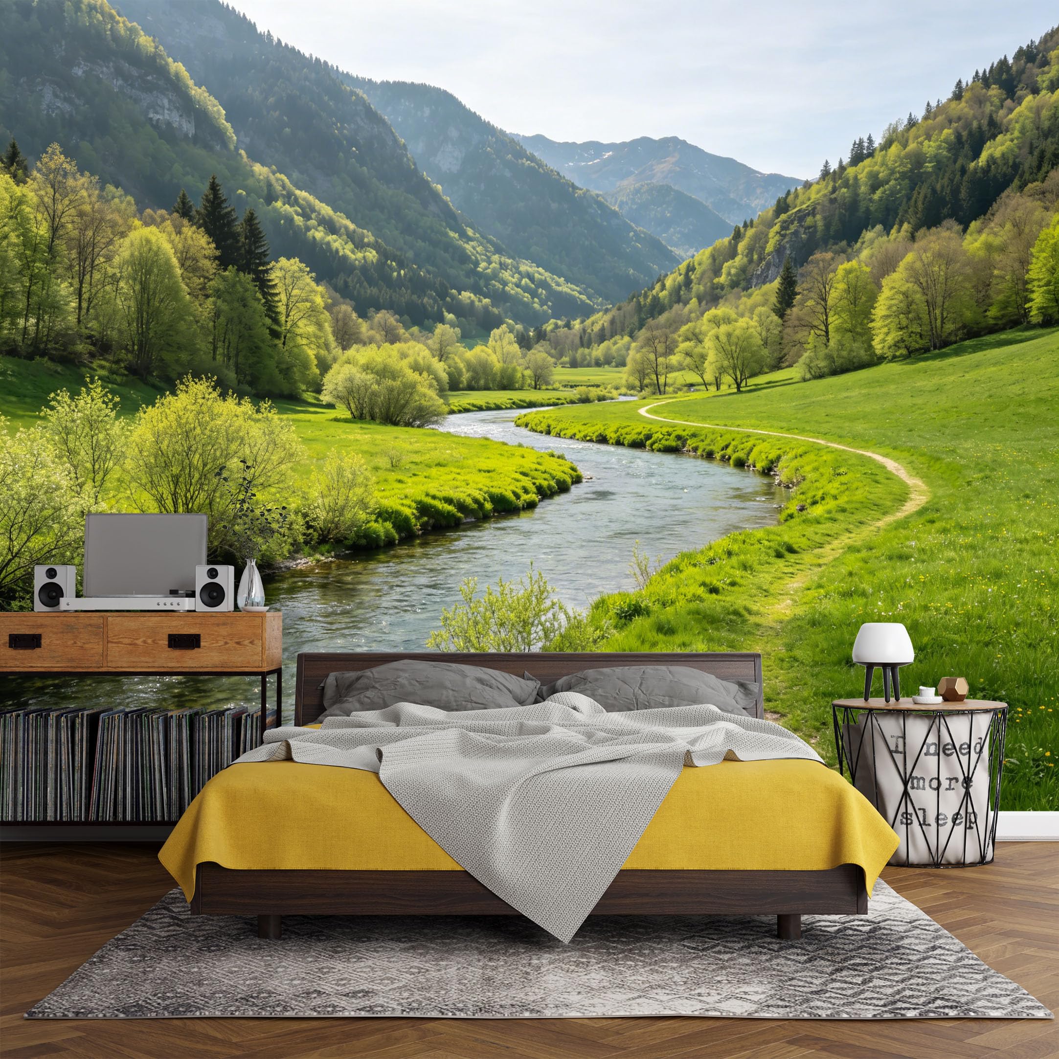 Custom Size Wall Mural， Mountain River Valley Landscape Green Forest Meadow，SelfAdhesive Art Prints wall Fabric (No PVC) Removable Wallpaper Living Room Decor