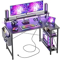 BEXEVUE Scrivania Angolo con LED Ciabatta – 120x70cm Grande Tavolino Computer Forma L Ripiani Portaoggetti, Scrivania Angolare Reversibile Gaming Informatica, Studio Gioco Lavoro Casa Camera da Letto