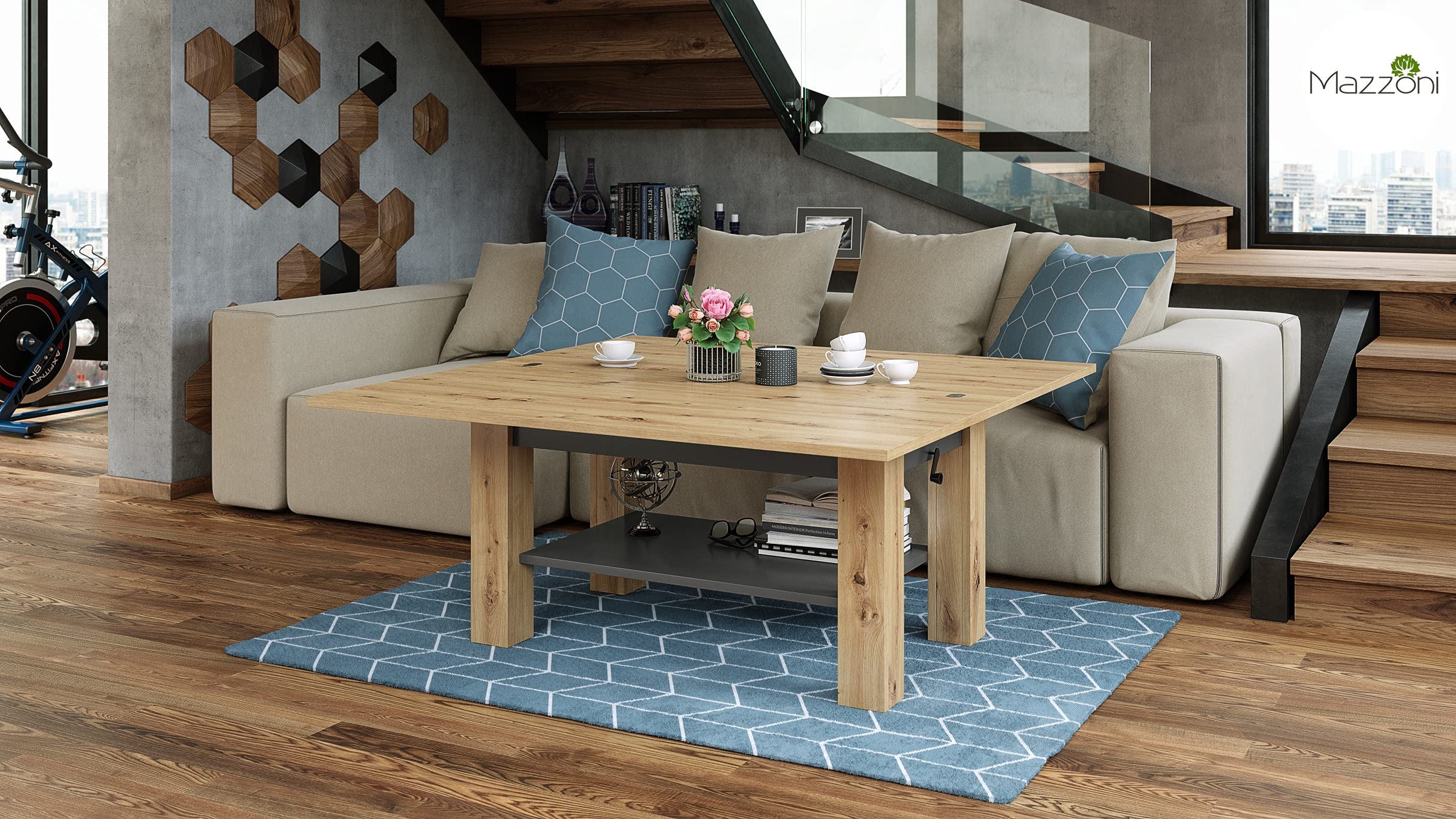 designimpex Design Couchtisch Tisch Arbeitstisch Brawo höhenverstelbar aufklappbar, Farbe:Eiche Artisan - Anthrazit matt