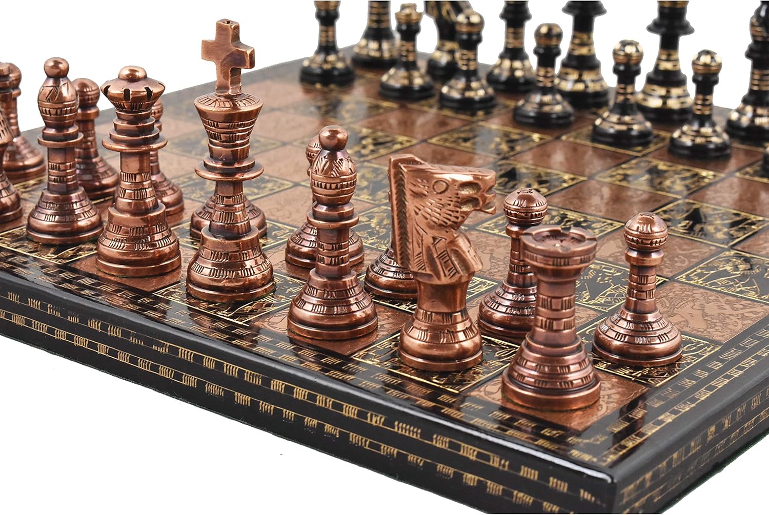 Royal Chess Mall - 12" Brass Metal Luxury Chess Pieces & Board Set- French Staunton -Copper & Black
