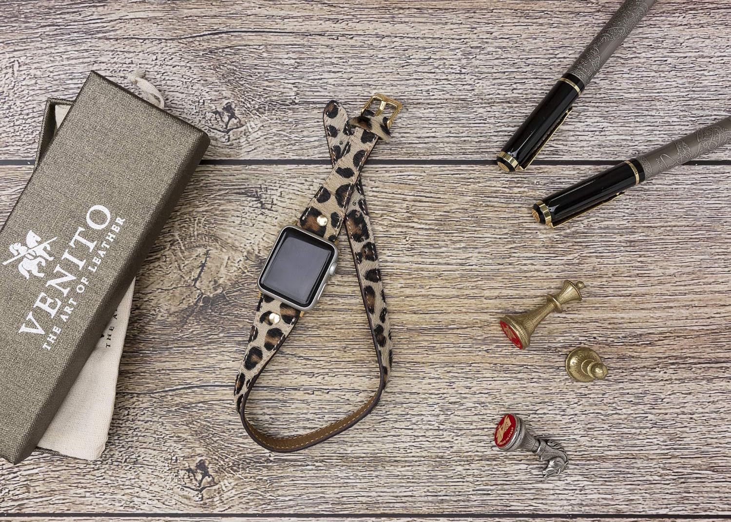 Venito Savona Double Wrap Leather Slim Watch Band w/Gold Stud Compatible with Apple Watch iwatch Series 1, 2, 3, 4, 5, 6, 7, SE - 45mm / 44mm / 42mm / 41mm / 40mm / 38mm, w/Stainless Steel Hardware - Image 2