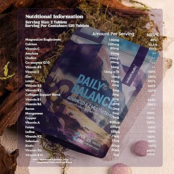 Daily Balance A-Z Multivitamin for Women & Men – 26 High Strength Essential Methylated Vitamins & Minerals |120 Tablets | with CoQ10, Enzyme & Iron.