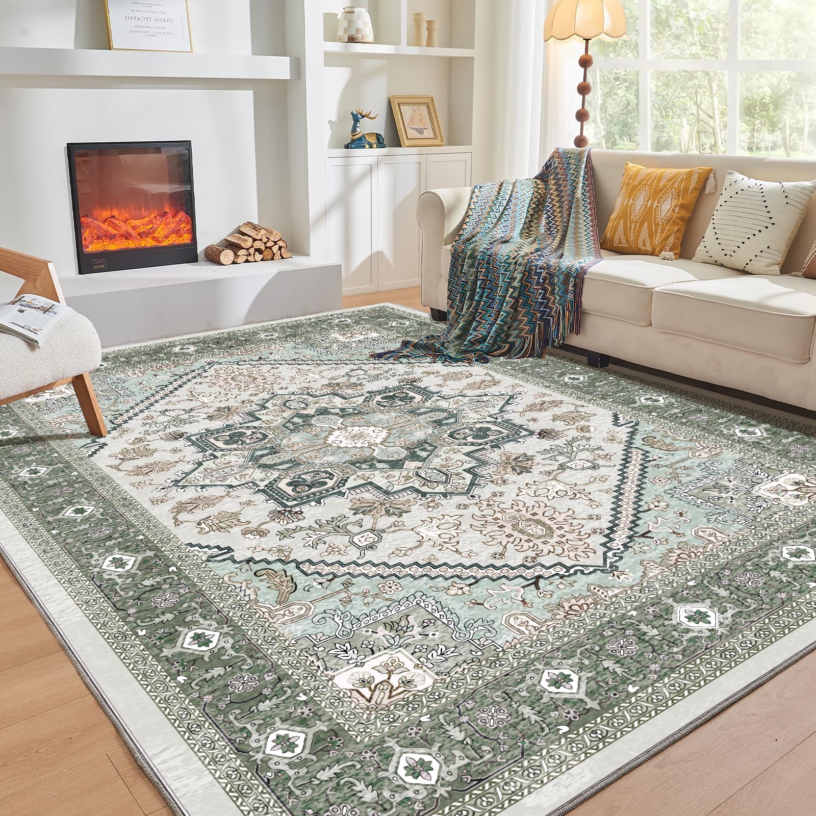 OPPODREAM Soft Area Rugs 5x7, 5x7 Washable Rug with Non Slip Backing, 5 x 7 Faux Cashmere Low-Pile Carpet, Green