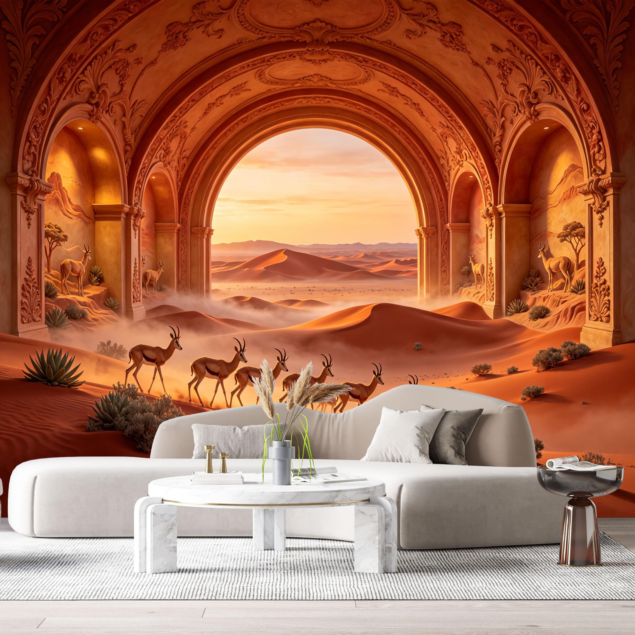 Custom Size Wall Murals Desert Antelope Sunset Arch Landscape 3D Trompe L'Oeil SelfAdhesiveWall Fabric Removable Wallpaper Wall Decor for Living Room Bedroom Bathroom