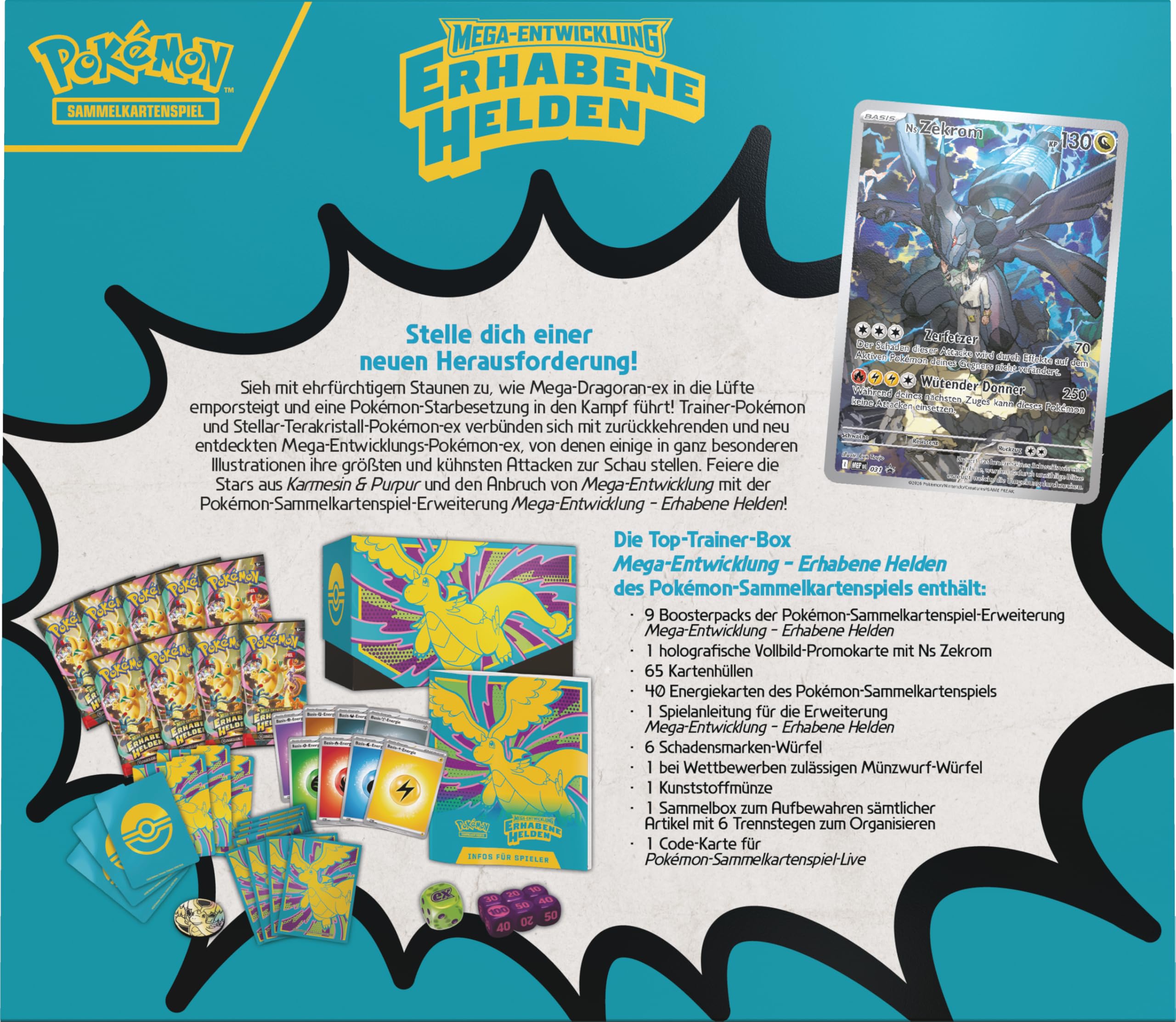 Pokémon-Sammelkartenspiel: Top-Trainer-Box Mega-Entwicklung – Erhabene Helden (1 Vollbild-Promokarte, 9 Boosterpacks & Premium-Zubehör)