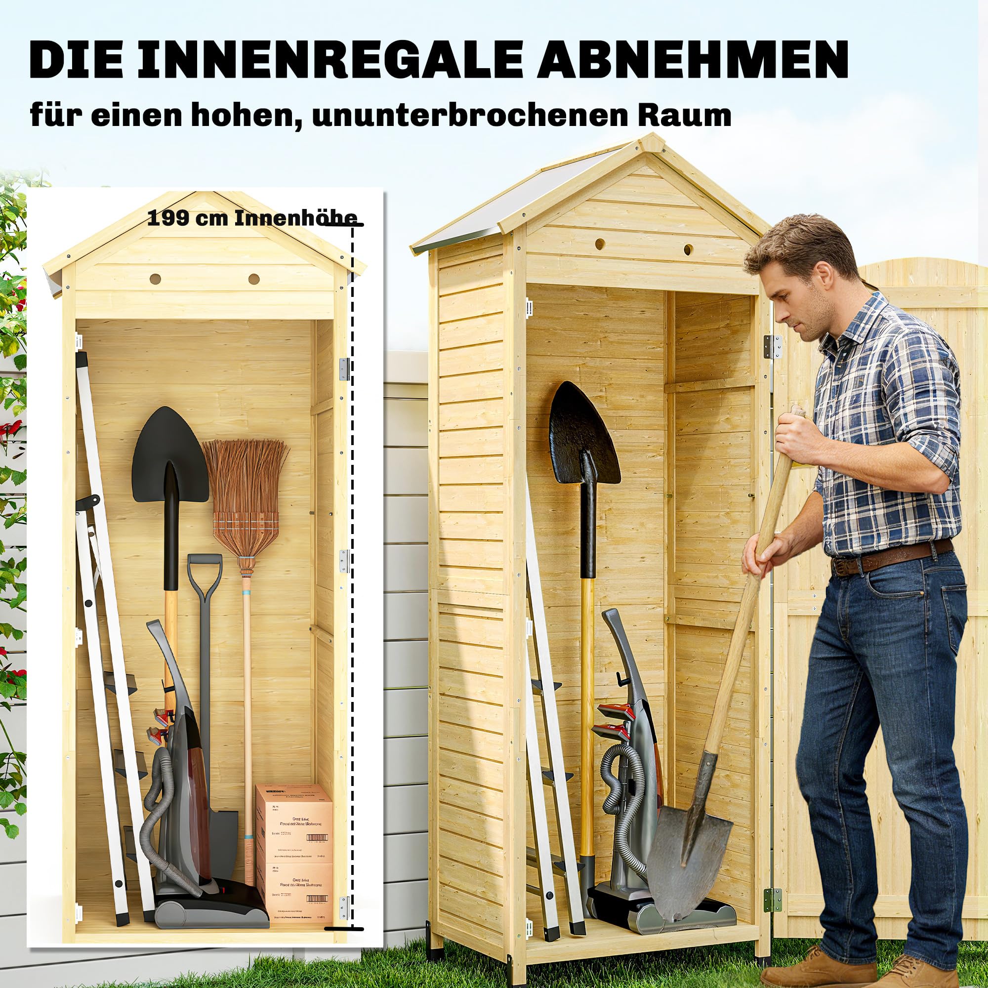 Outsunny Gartenschrank Holz extra hohe Geräteschuppen mit verstellbar Ablage magnetisch Tür galvanisiert Dach Belüftung Kippschutz 85x58x213 cm Geräteschrank Gerätehaus für Garten Terrasse Naturholz