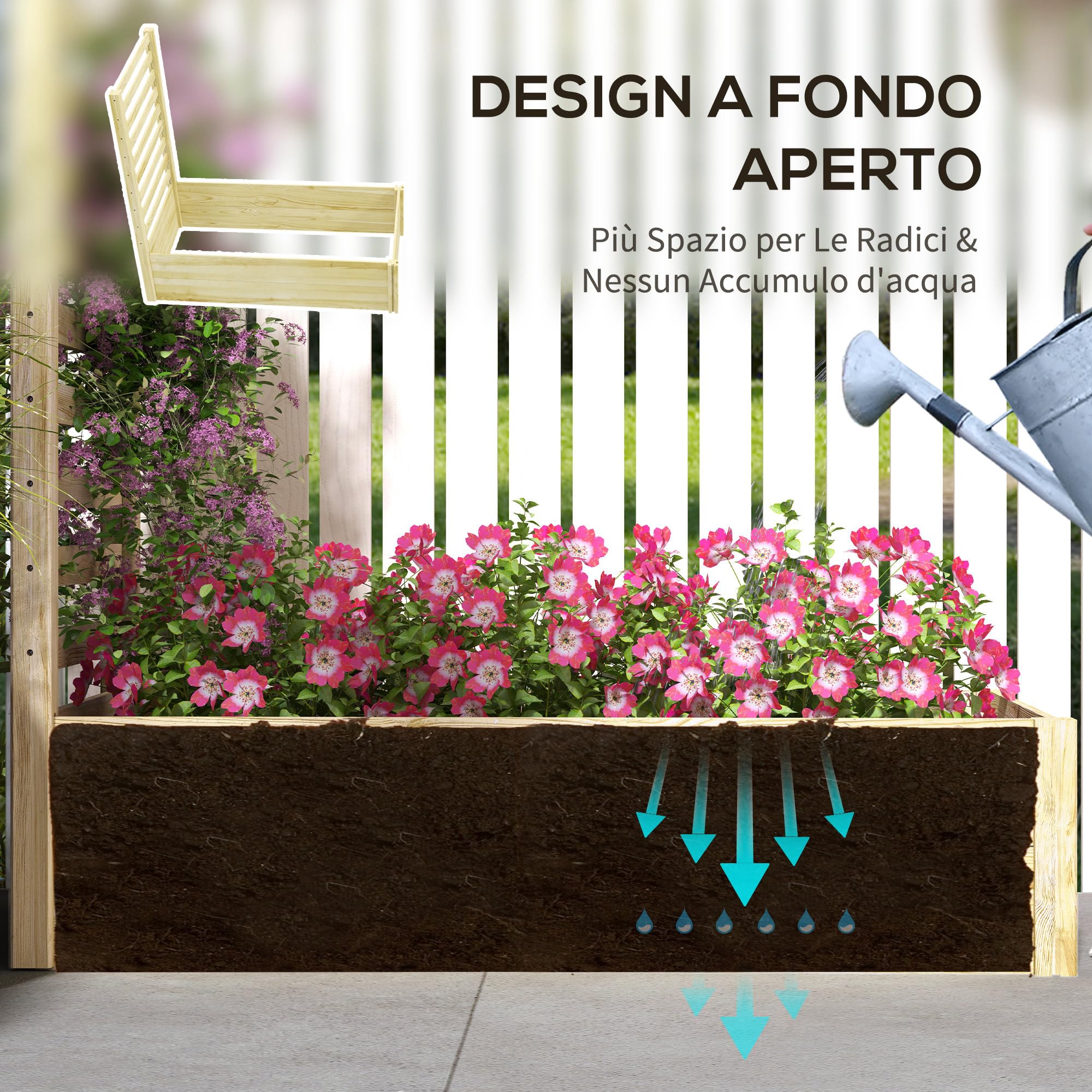 Outsunny Letto per Orto Rialzato da Esterno con Spalliera e Fondo Aperto, Fioriera con Traliccio per Piante Rampicanti in Legno di Abete, per Piante, Fiori, 115x60x110 cm, Color Legno