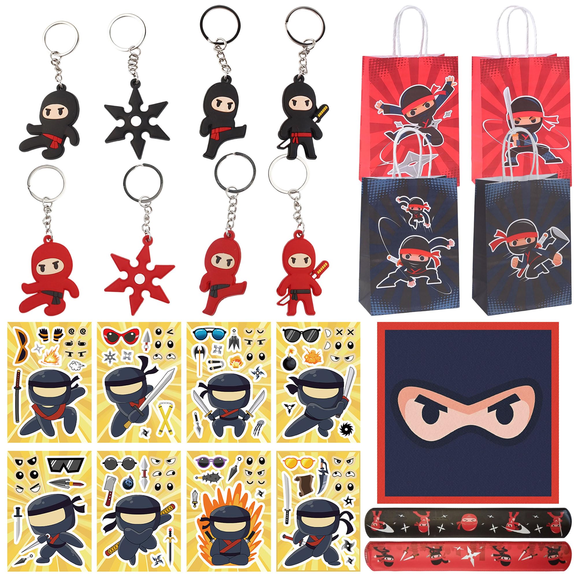Roaring Good Time Ninja Party Favors Ninja Birthday Party Decorations Supplies for Ninja Warrio Gift Bags Slap Bracelets Rubber Keychain 60 PCS