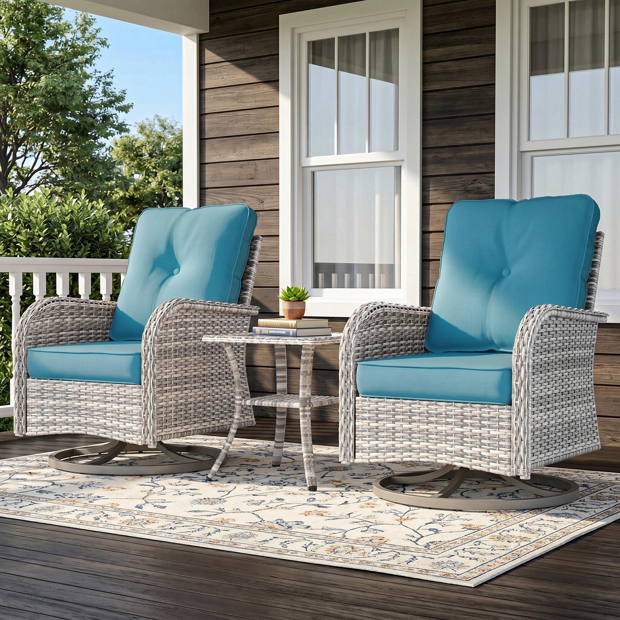 3-Piece Small Patio Furniture Set, Outdoor Swivel Rocking Chairs Set with Wicker Chairs and Tempered Glass Side Table, Outdoor Furniture Patio Bistro Set for Balcony, Deck, Porch