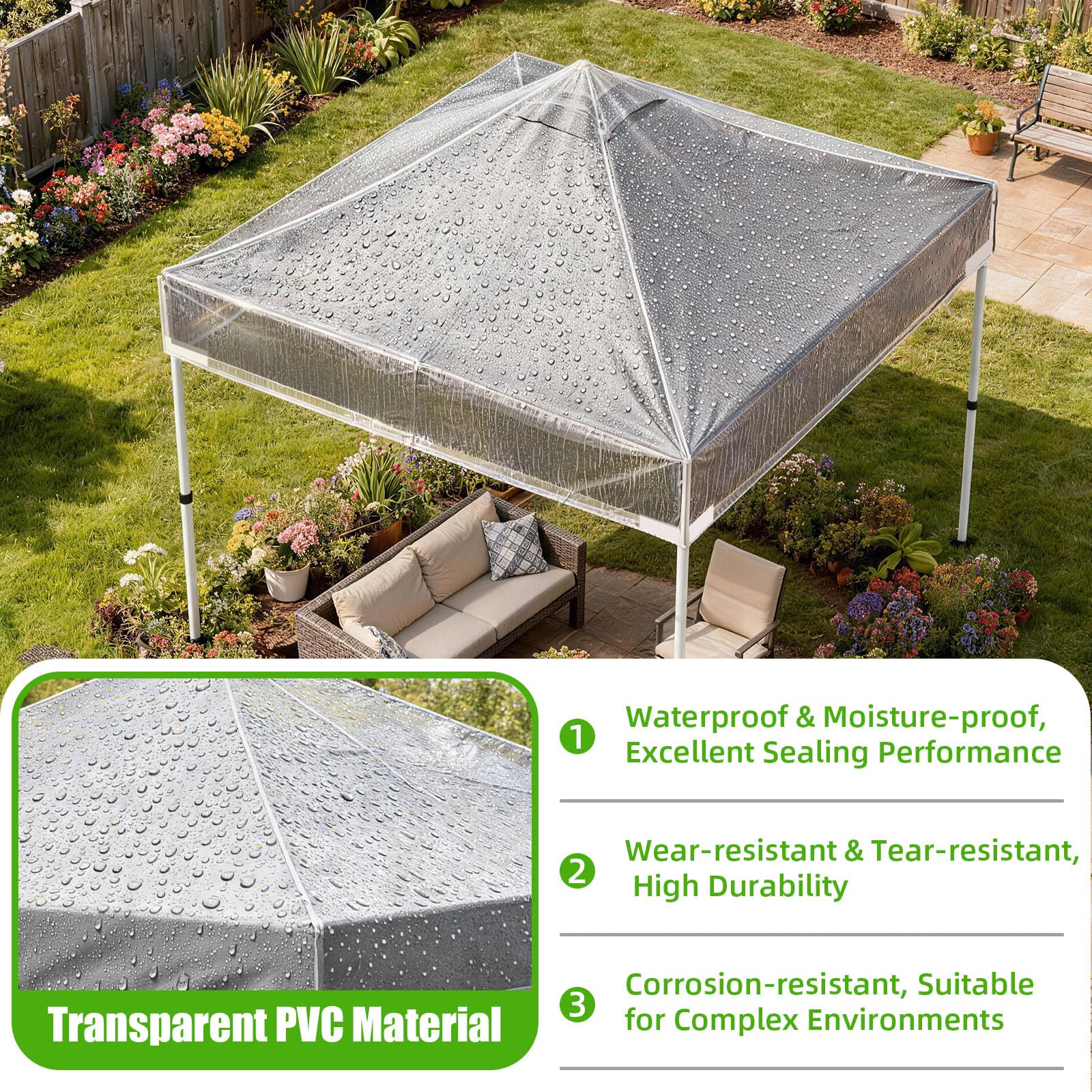 Toit de Pavillon 3x3 m en PVC Transparent, Bâche de Rechange Imperméable 270 g/m², Toit Pointu pour Tonnelle de Jardin, Compatible Tente Pliante, Abri de Jardin & Party Tent