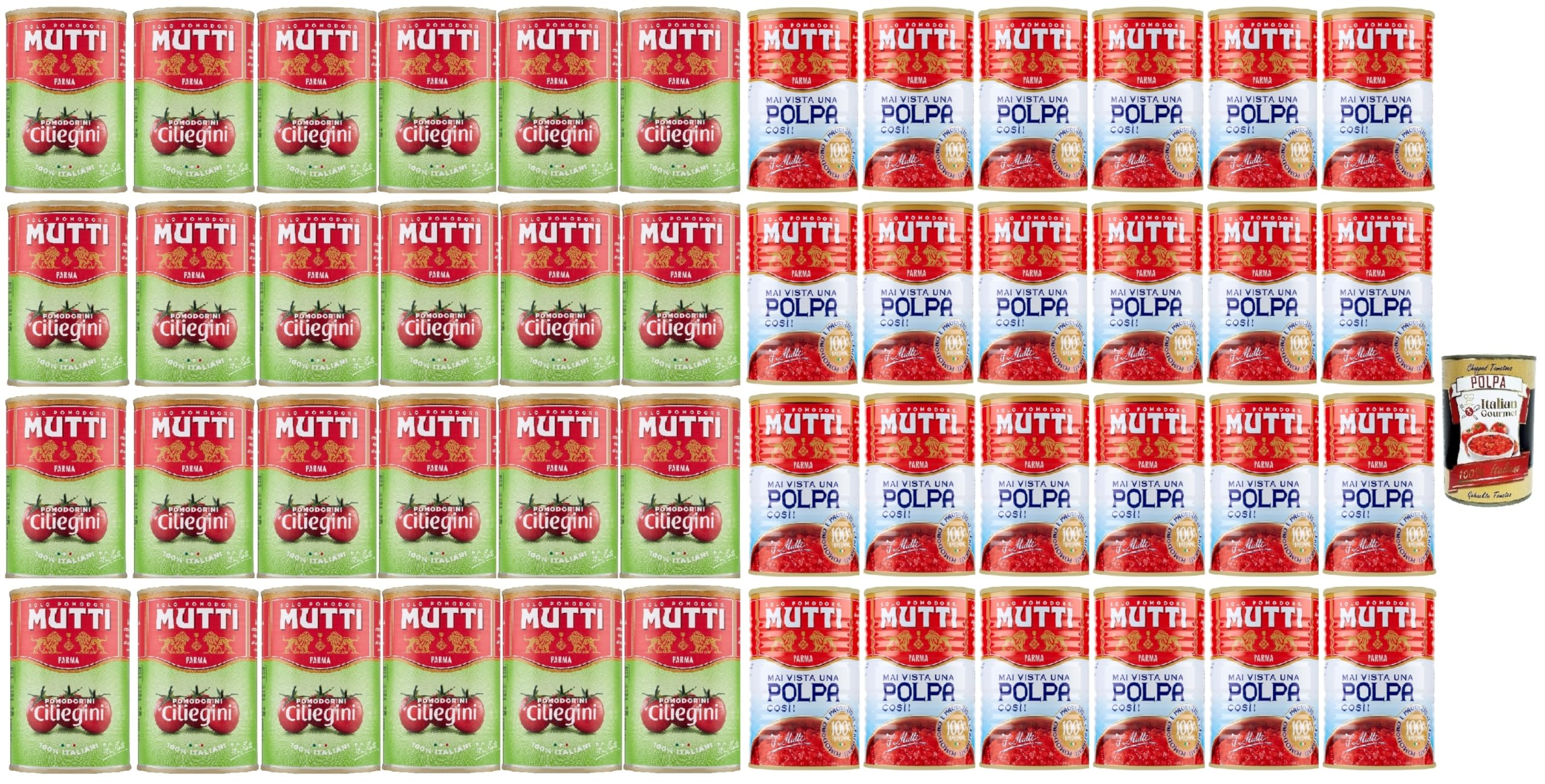 Italian Gourmet Testpaket Polpa e Pomodorini Ciliegini Tomaten 48 x 400g | Rustica a pezzi, dolci ciliegie rosse, gusto fresco; 100% aus Italien für, Gesamtnettogewicht 19,2 kg + Kostenlos Polpa 400g